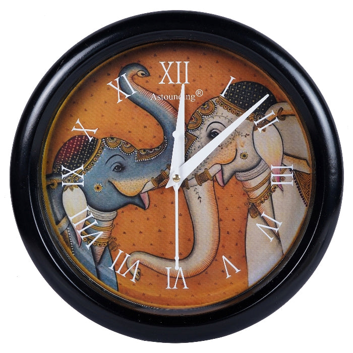 Elephant Printed Plastic Black Wall Clock (10x10) Inch
