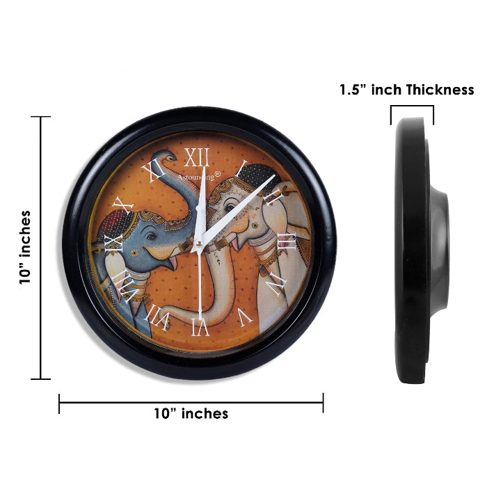 Elephant Printed Plastic Black Wall Clock (10x10) Inch