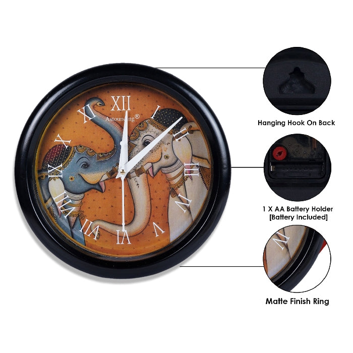 Elephant Printed Plastic Black Wall Clock (10x10) Inch