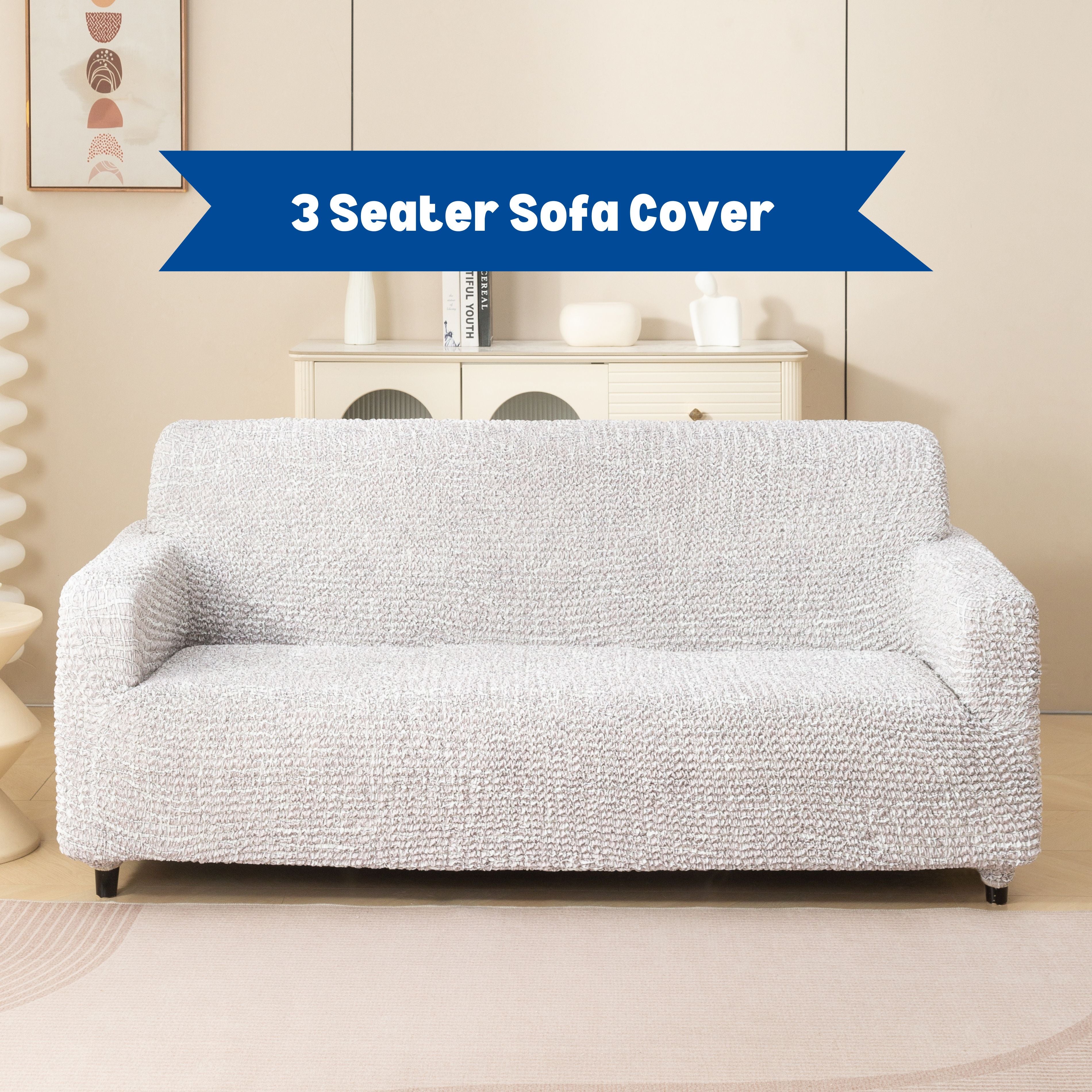Premium 3 Seater Sofa Cover - Microfiber Stretchable Italian Textured Couch Slipcover (Cream)