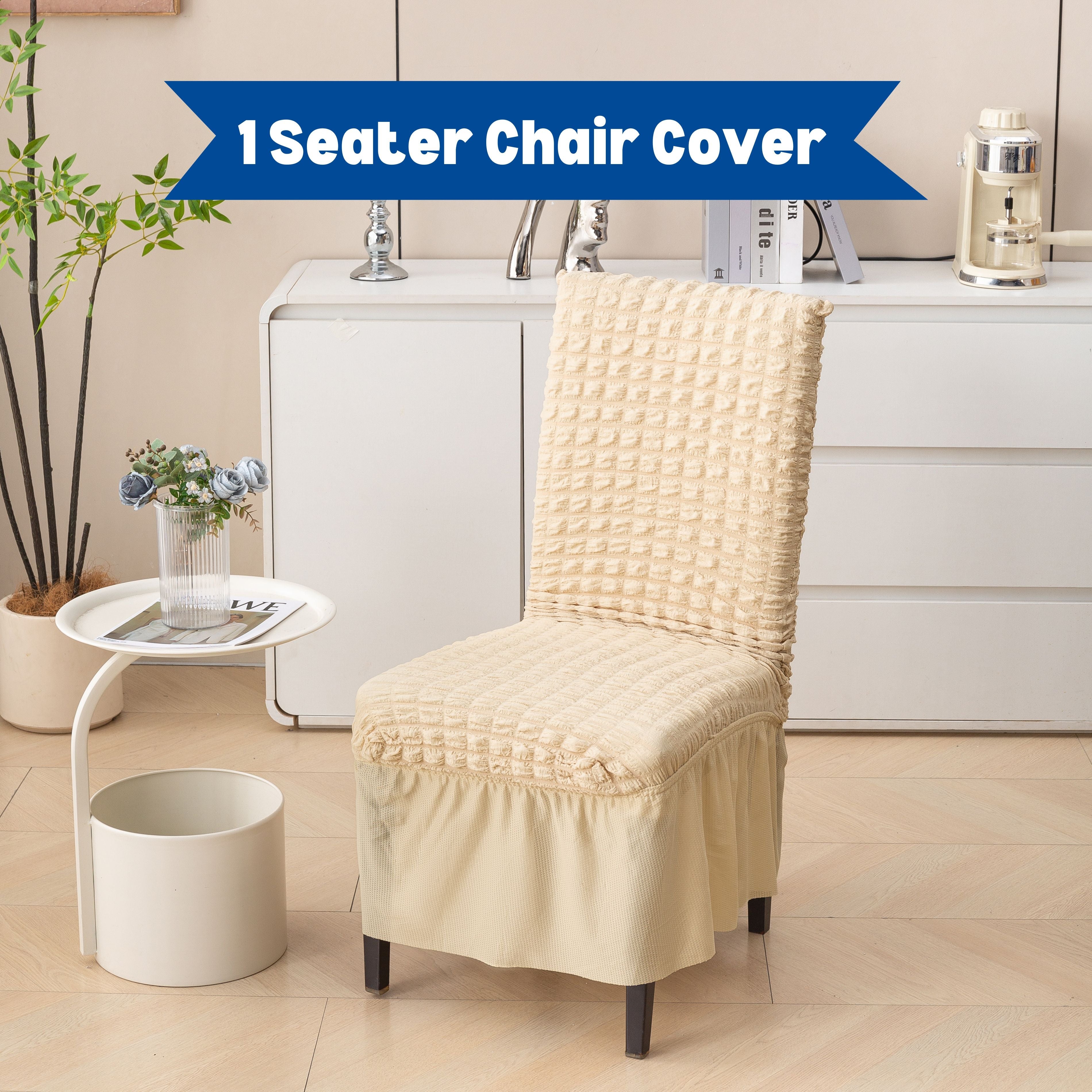 Premium 1 Seater Chair Cover with Frill - 280 GSM Bubble Textured Elastic Slipcover (Beige)