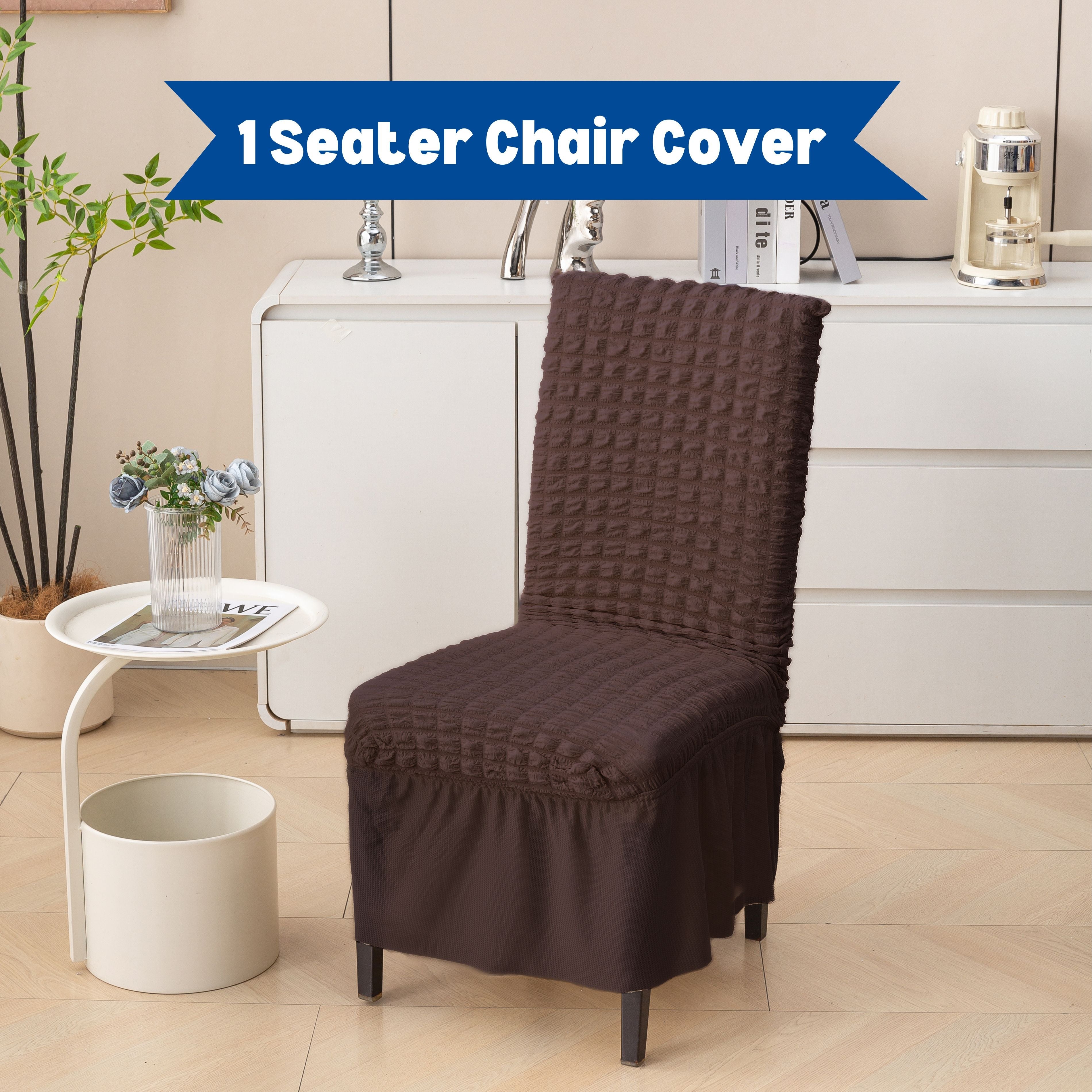 Premium 1 Seater Chair Cover with Frill - 280 GSM Bubble Textured Elastic Slipcover (Brown)