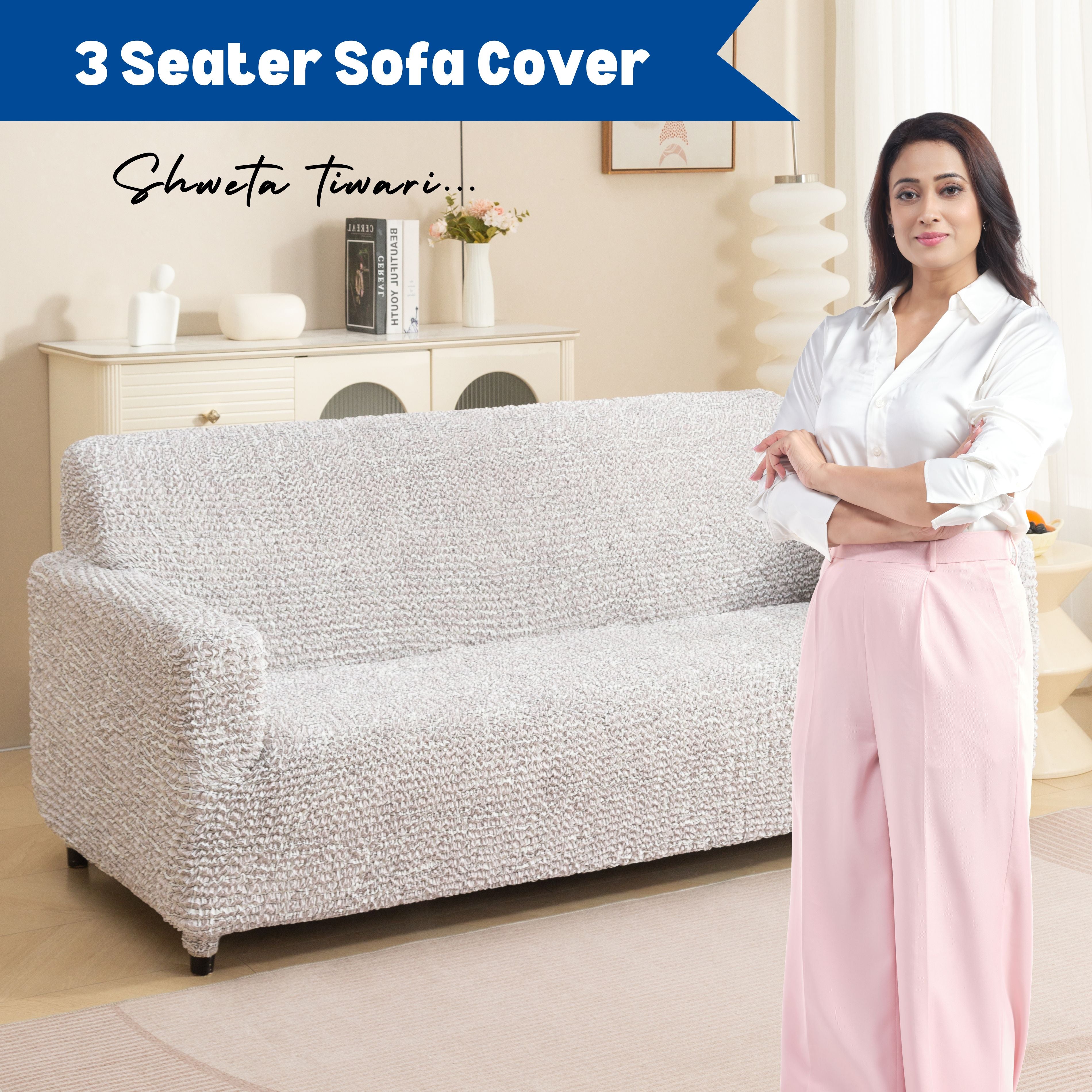Premium 3 Seater Sofa Cover - Microfiber Stretchable Italian Textured Couch Slipcover (Cream)