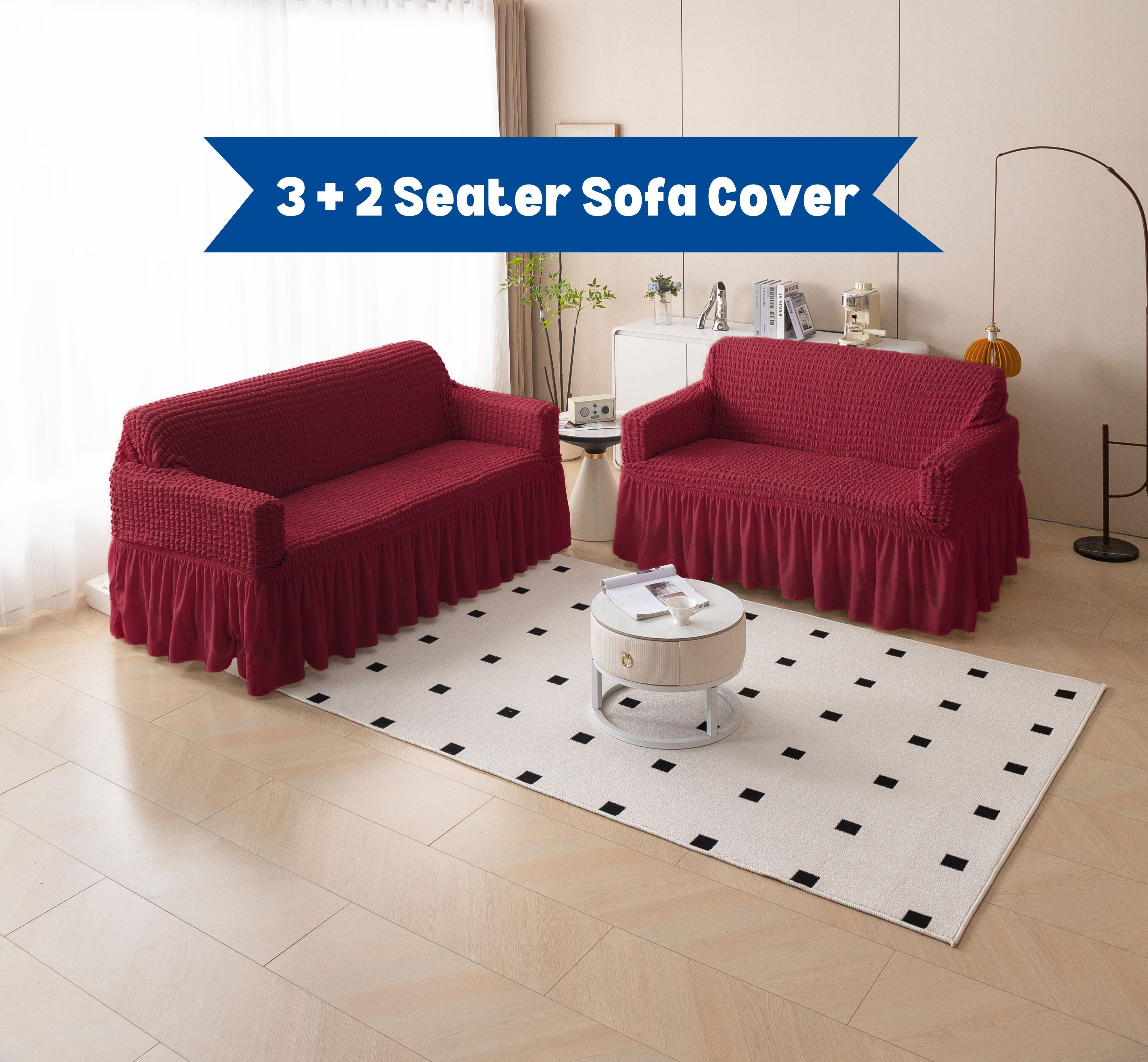 Premium Bubble Frill 3+2 Seater Sofa Cover Set - Maroon
