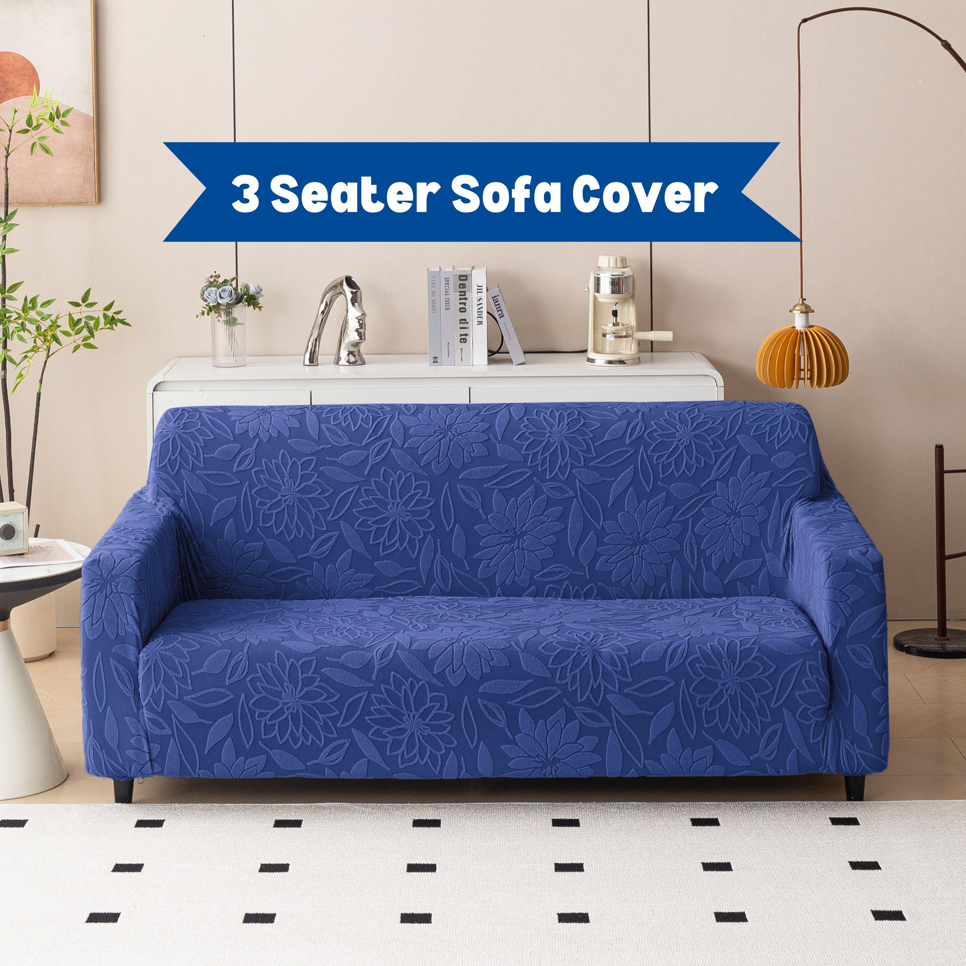 Premium 3 Seater Sofa Cover - Knitted Jacquard, Floral Textured Elastic Slipcover (Navy Blue)