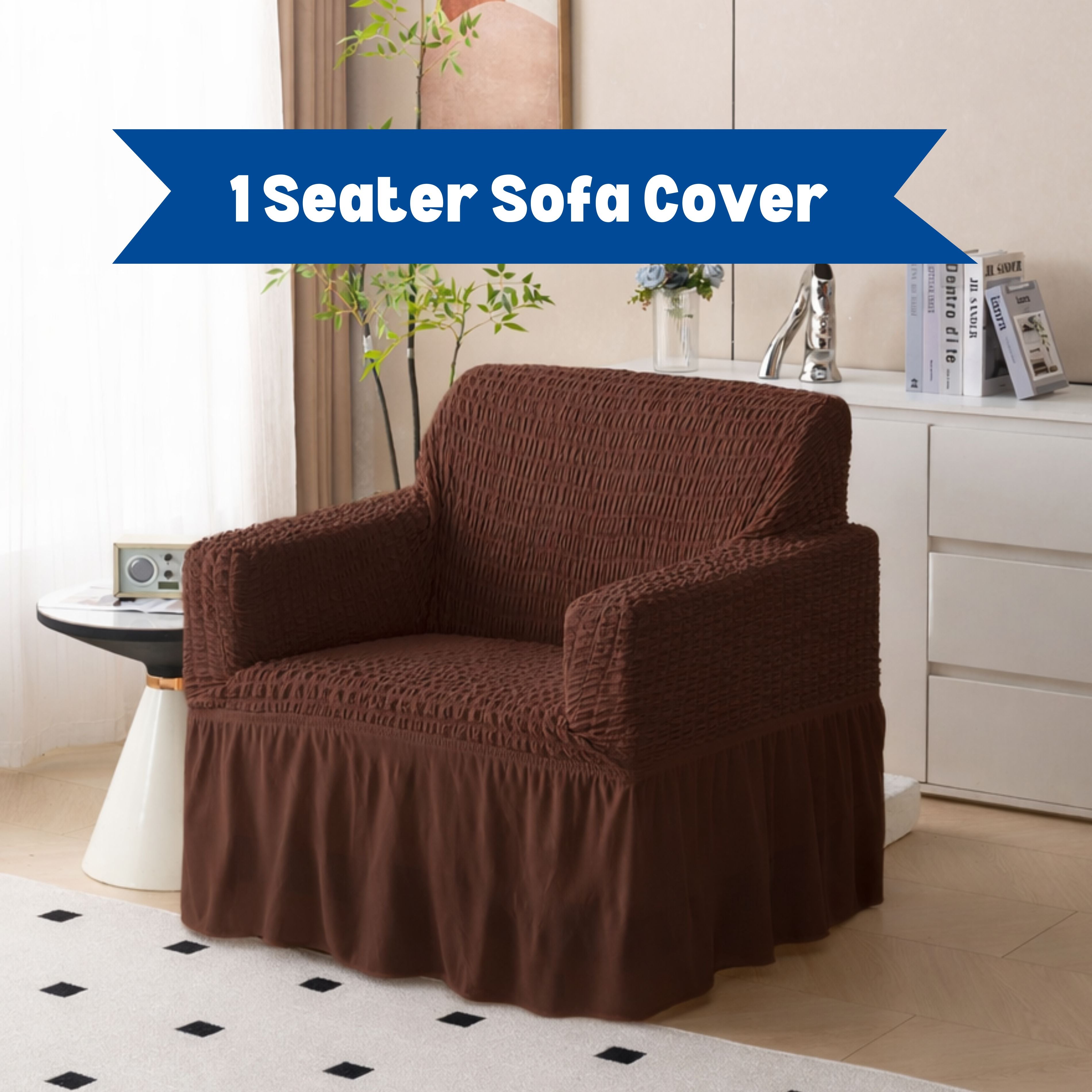 Premium Bubble Frill 1-Seater Sofa Cover - Dark Brown
