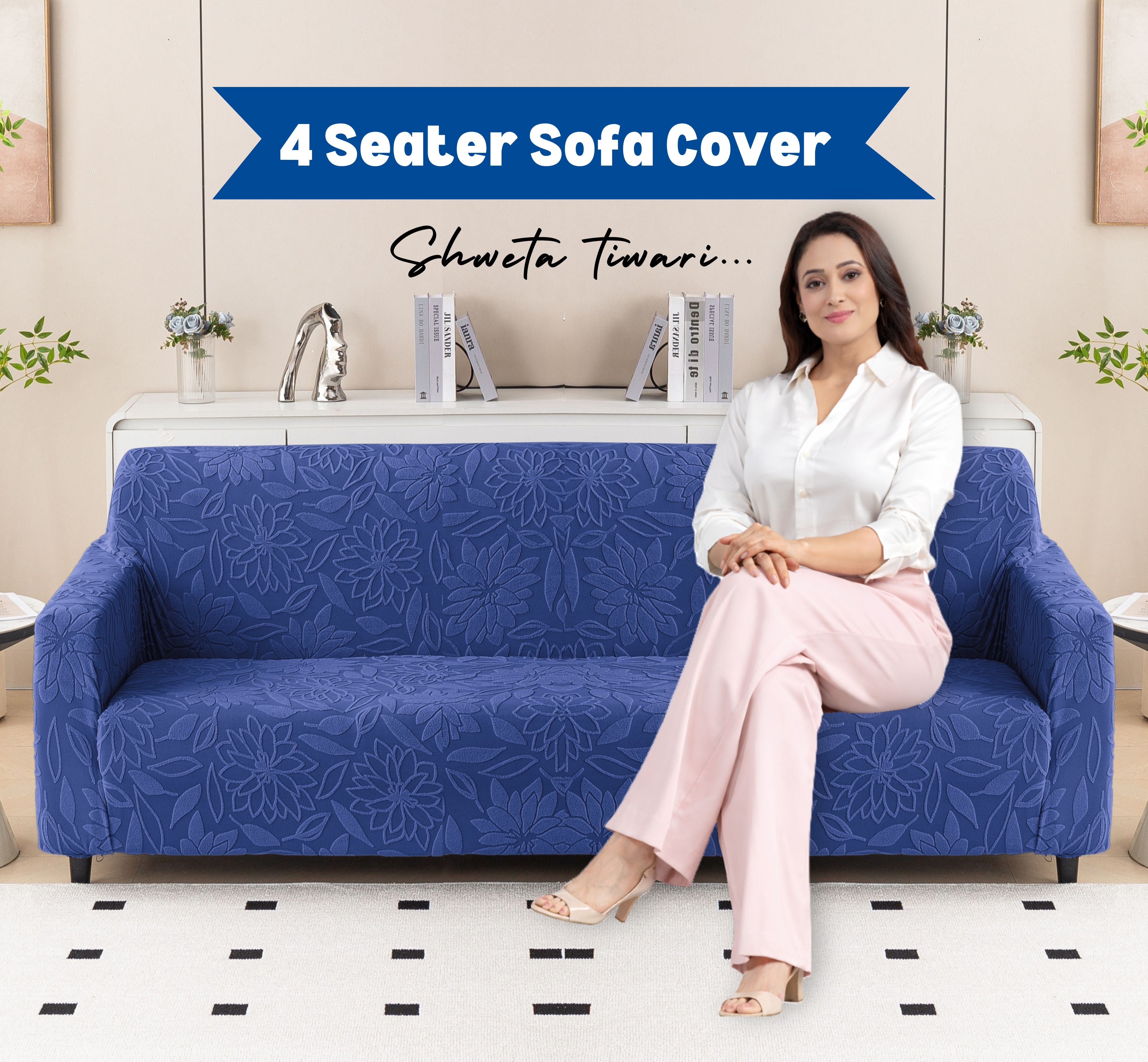 Premium 4 Seater Sofa Cover - Knitted Jacquard, Floral Textured Elastic Slipcover (Navy Blue)