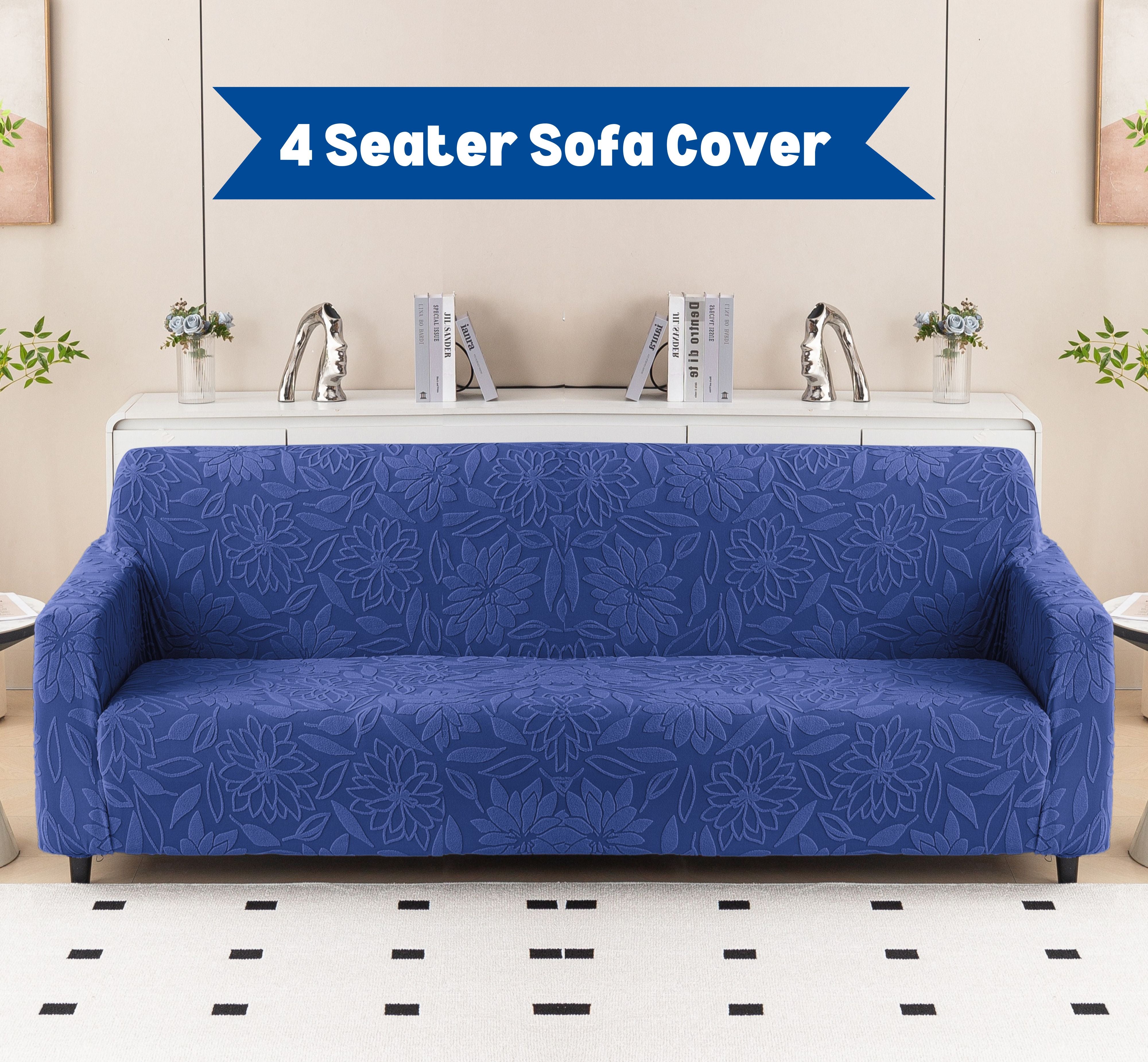 Premium 4 Seater Sofa Cover - Knitted Jacquard, Floral Textured Elastic Slipcover (Navy Blue)