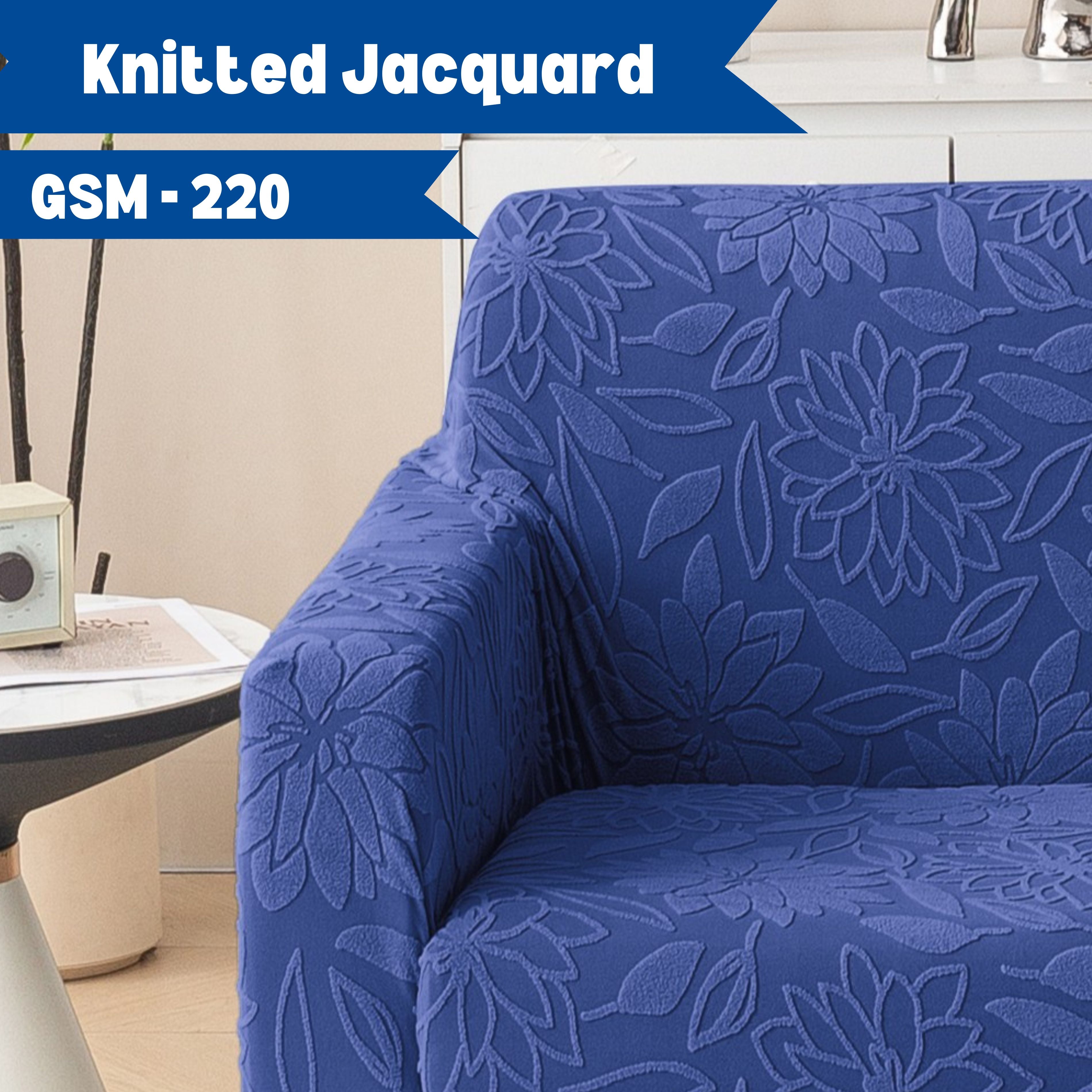 Premium 3 Seater Sofa Cover - Knitted Jacquard, Floral Textured Elastic Slipcover (Navy Blue)