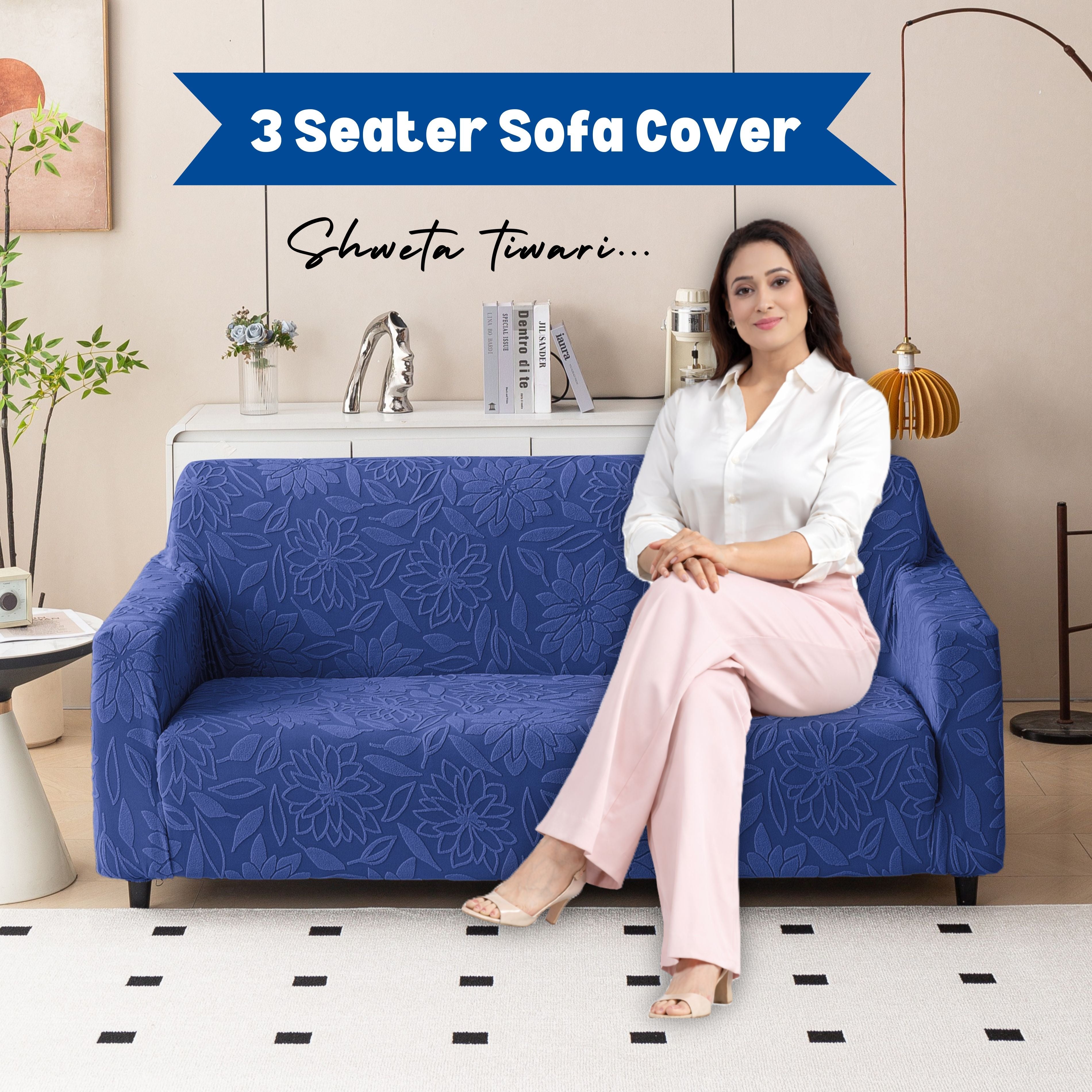 Premium 3 Seater Sofa Cover - Knitted Jacquard, Floral Textured Elastic Slipcover (Navy Blue)