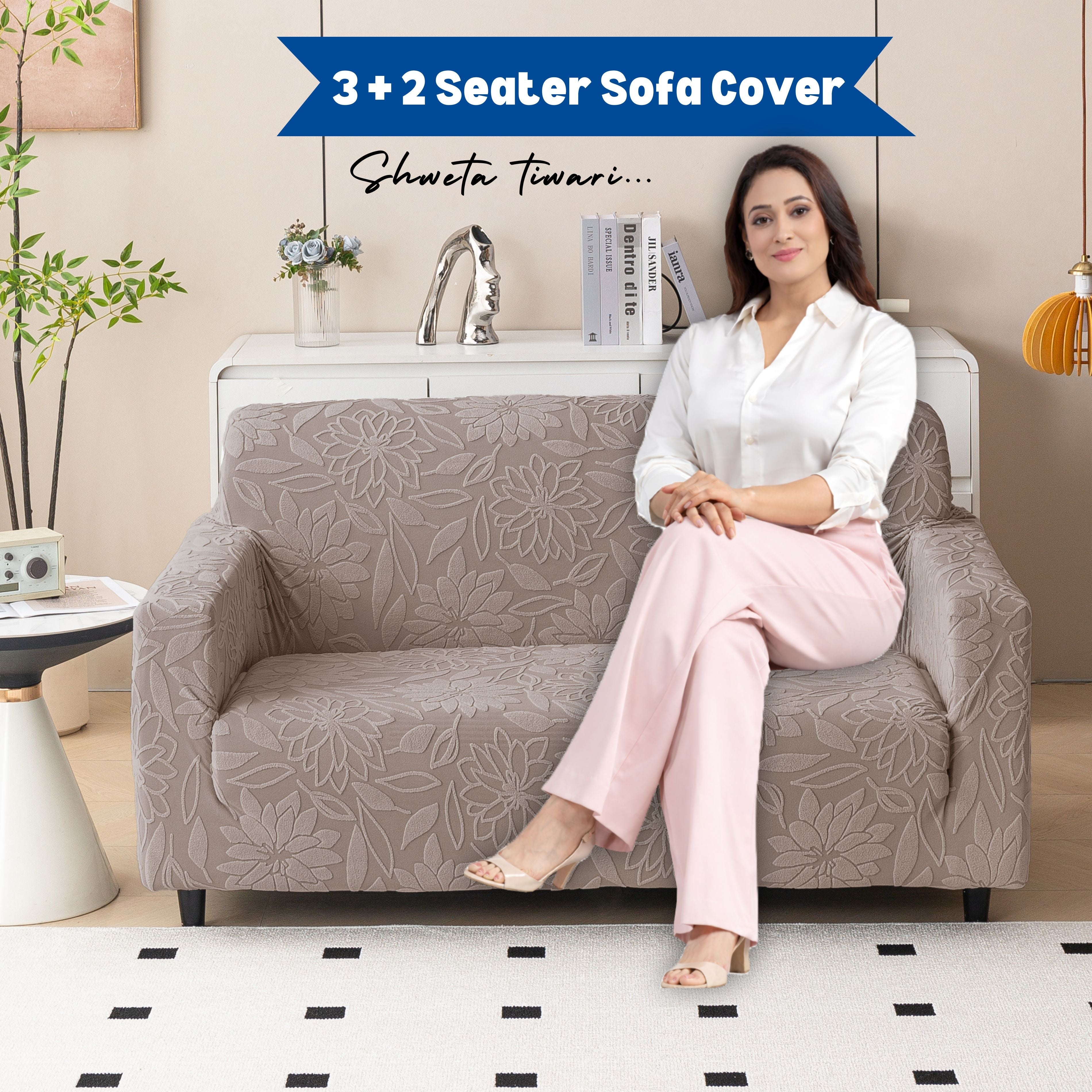 Premium 3+2 Seater Sofa Cover Set - Knitted Jacquard, Floral Textured Elastic Slipcovers (Brown)