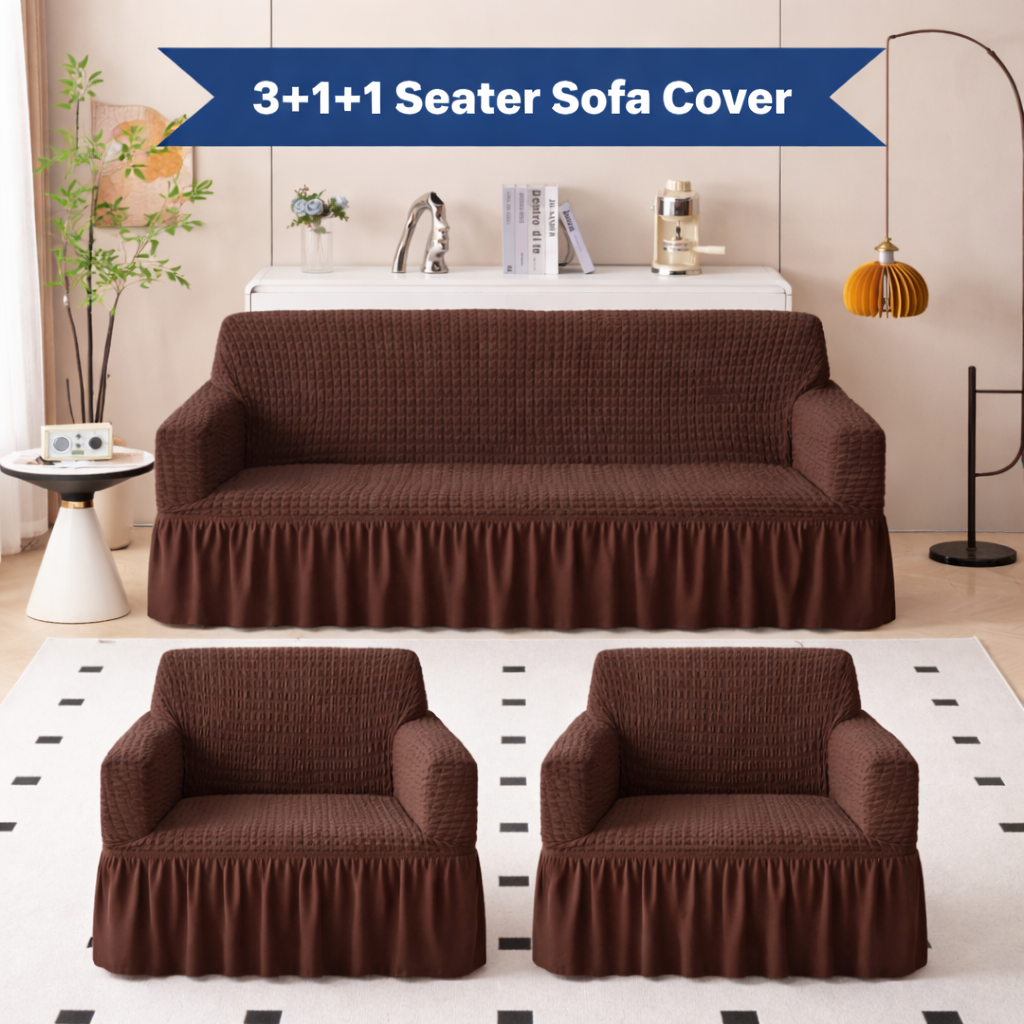 Premium Bubble Frill 3+1+1 Seater Sofa Cover Set - High Stretch Textured Fabric (Brown)