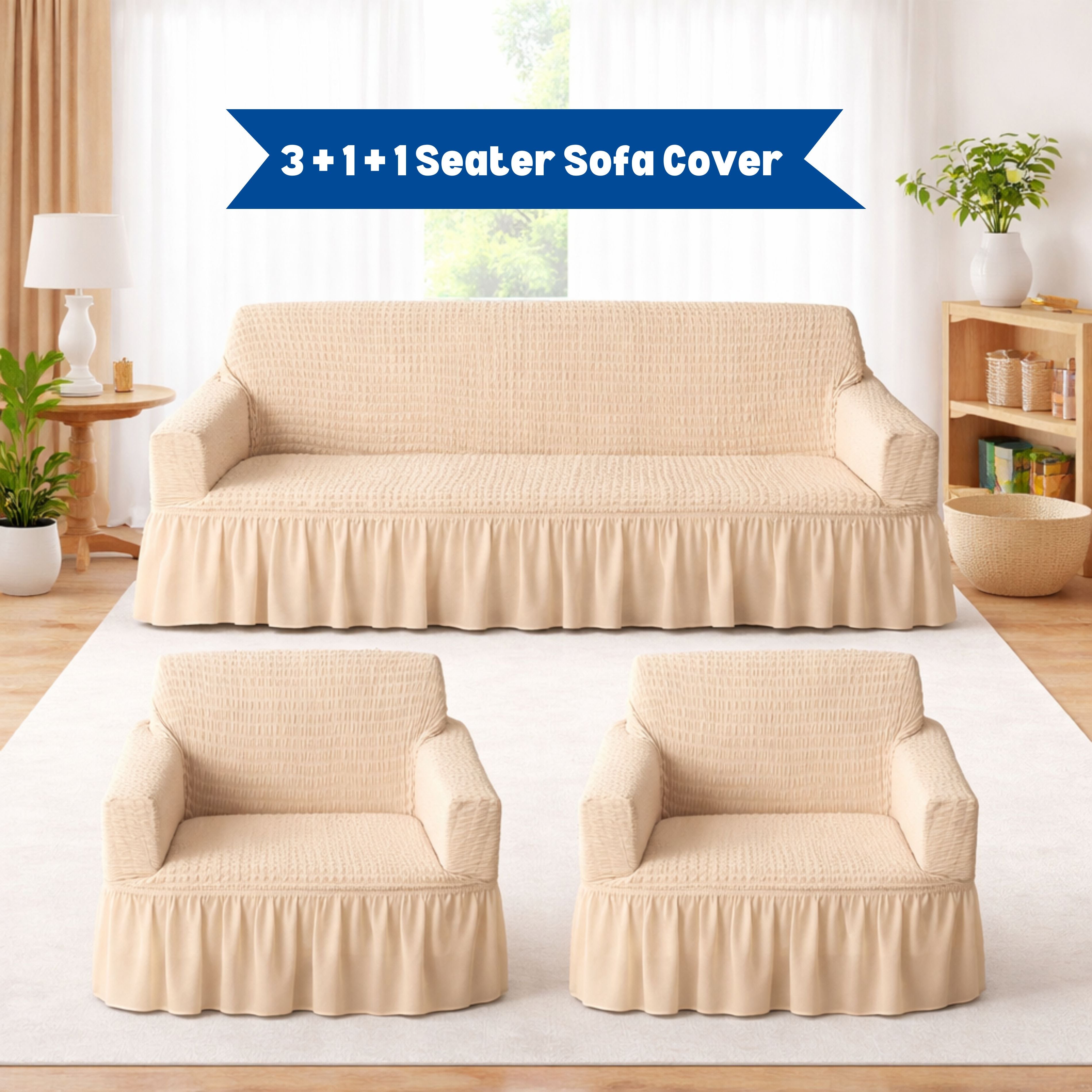 Premium Bubble Frill 3+1+1 Seater Sofa Cover Set - High Stretch Textured Fabric (Beige)