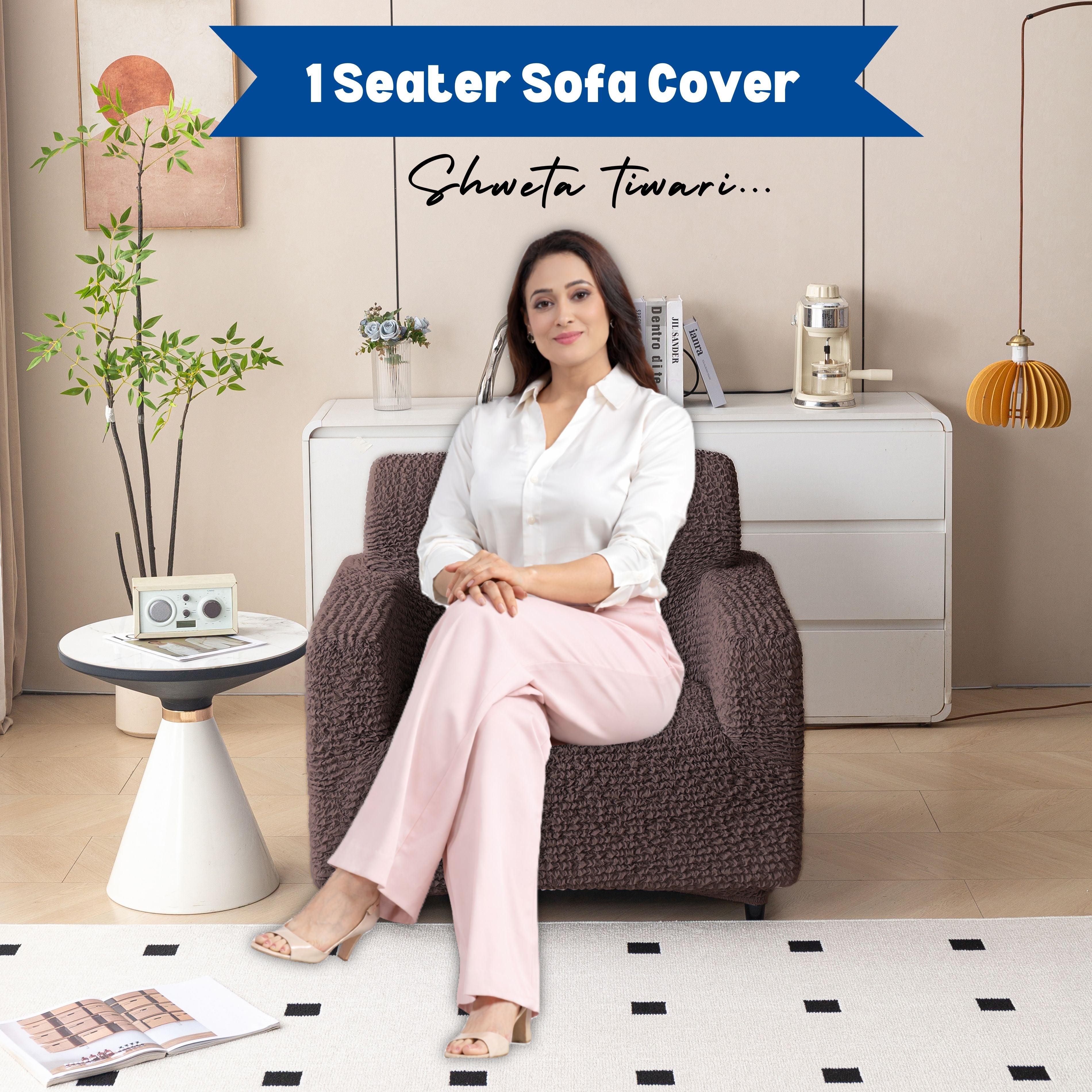 Premium 1 Seater Sofa Cover - Microfiber Stretchable Italian Textured Armchair Slipcover (Brown)