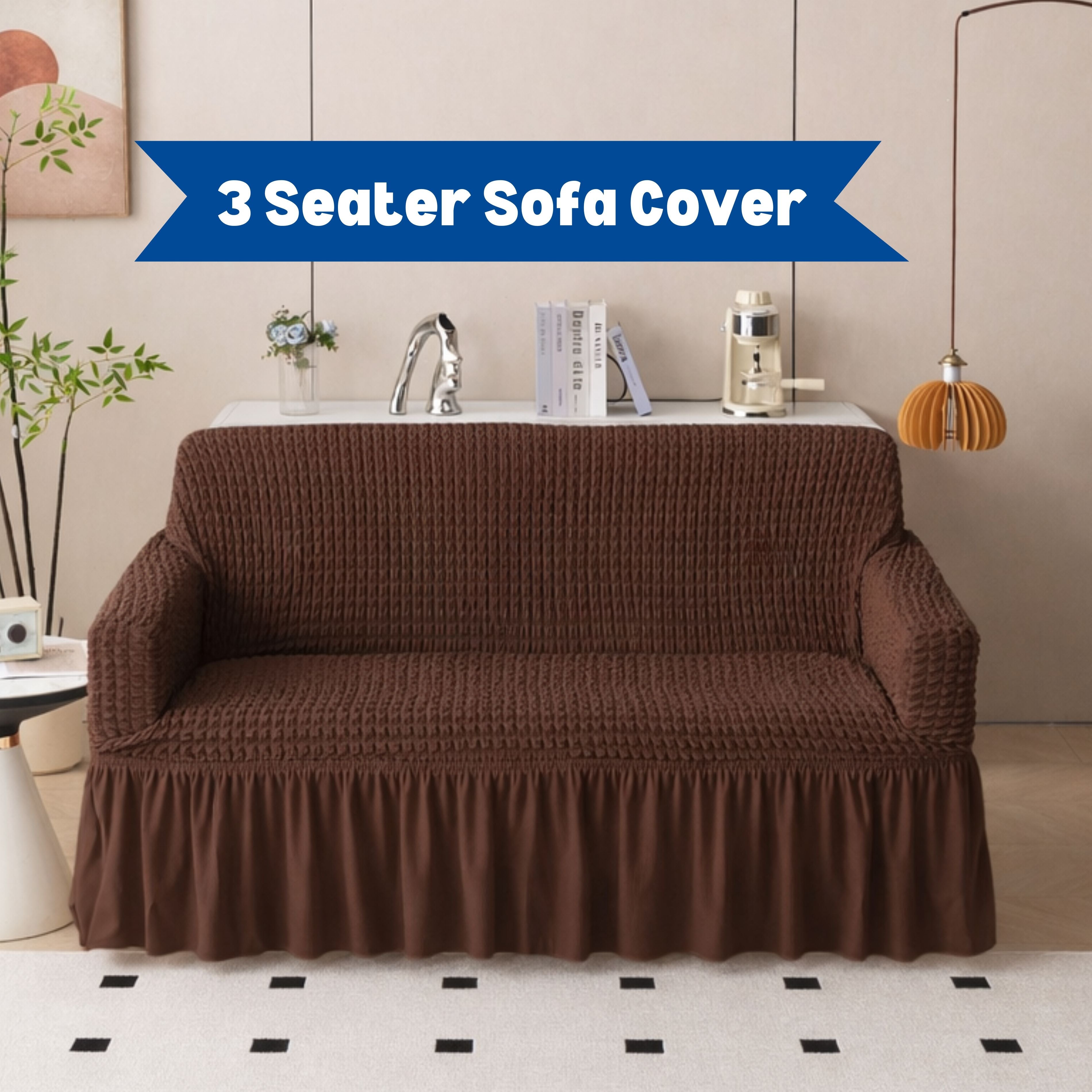 Premium Bubble Frill 3-Seater Sofa Cover - Brown