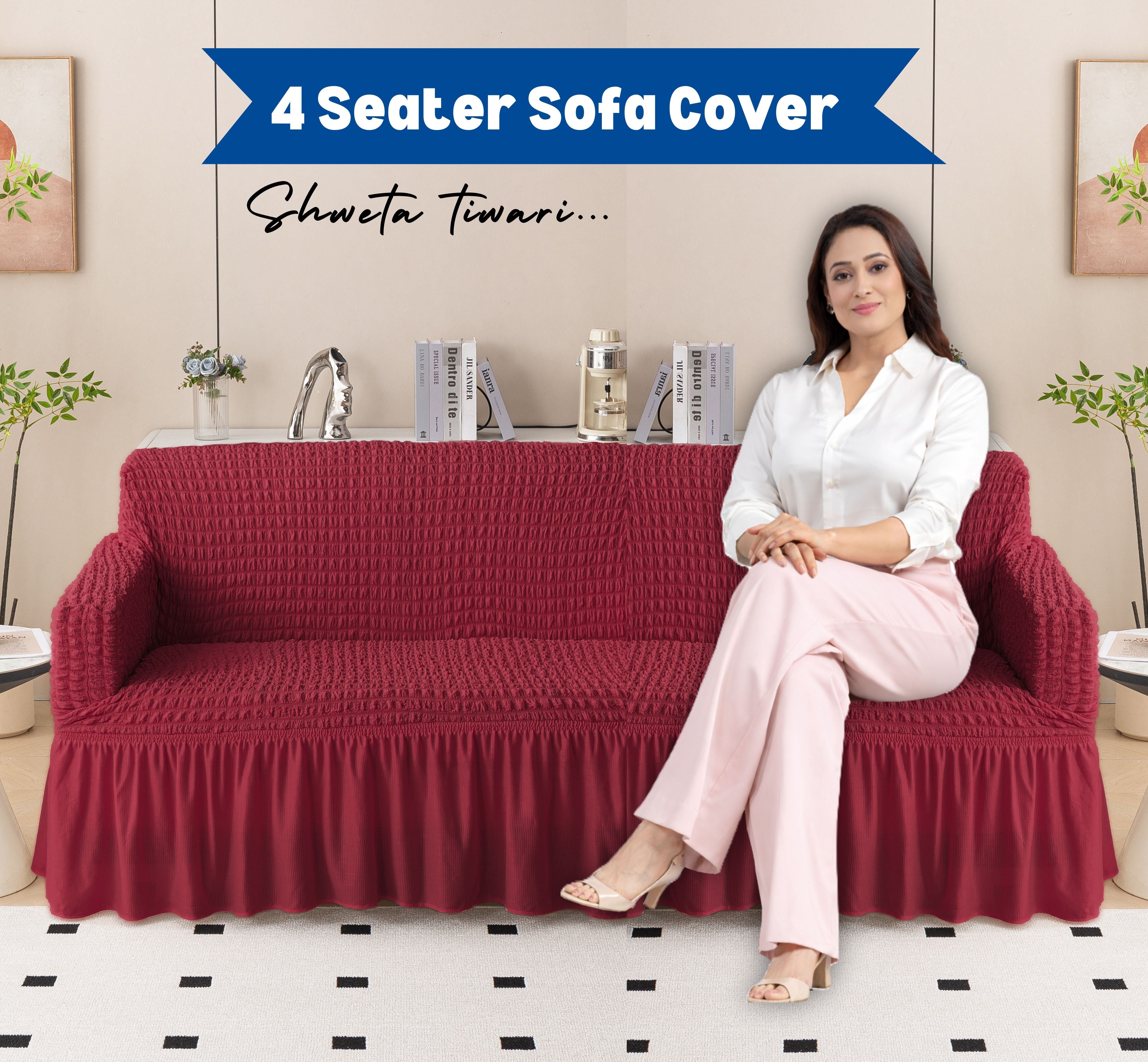 Premium Bubble Frill 4 Seater Sofa Cover - Maroon