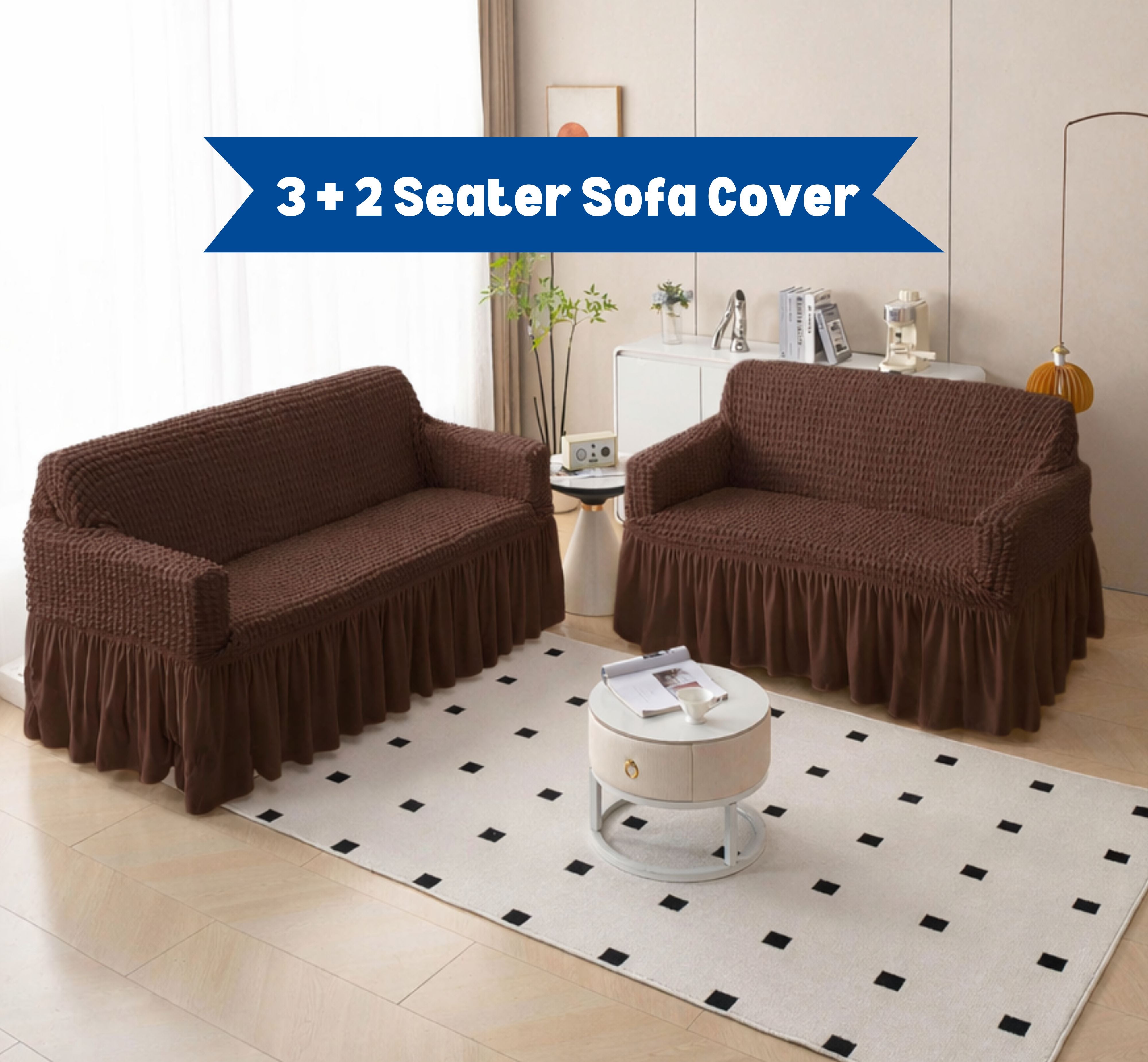 Premium Bubble Frill 3+2 Seater Sofa Cover Set - Dark Brown