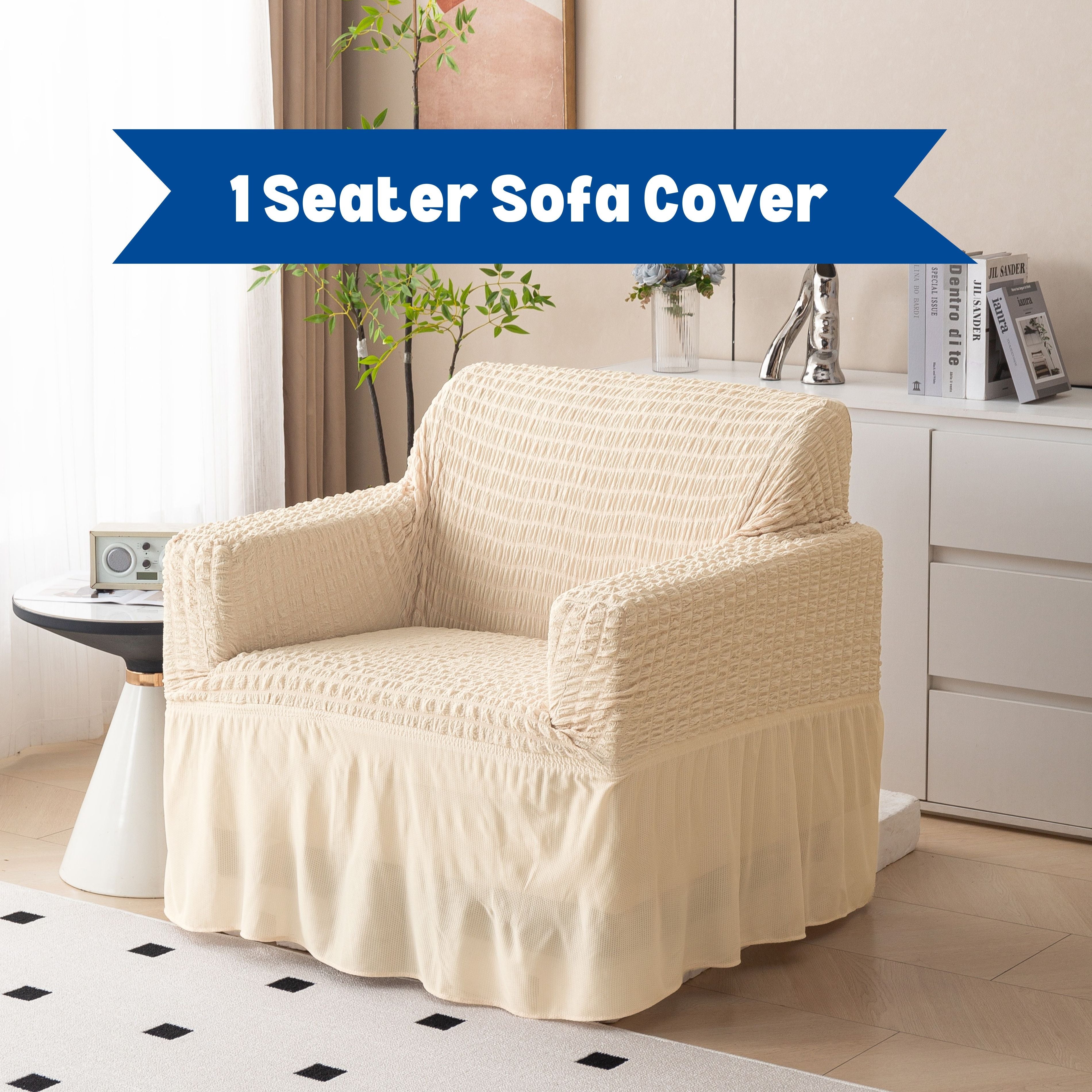 Premium Bubble Frill 1-Seater Sofa Cover - Cream Beige