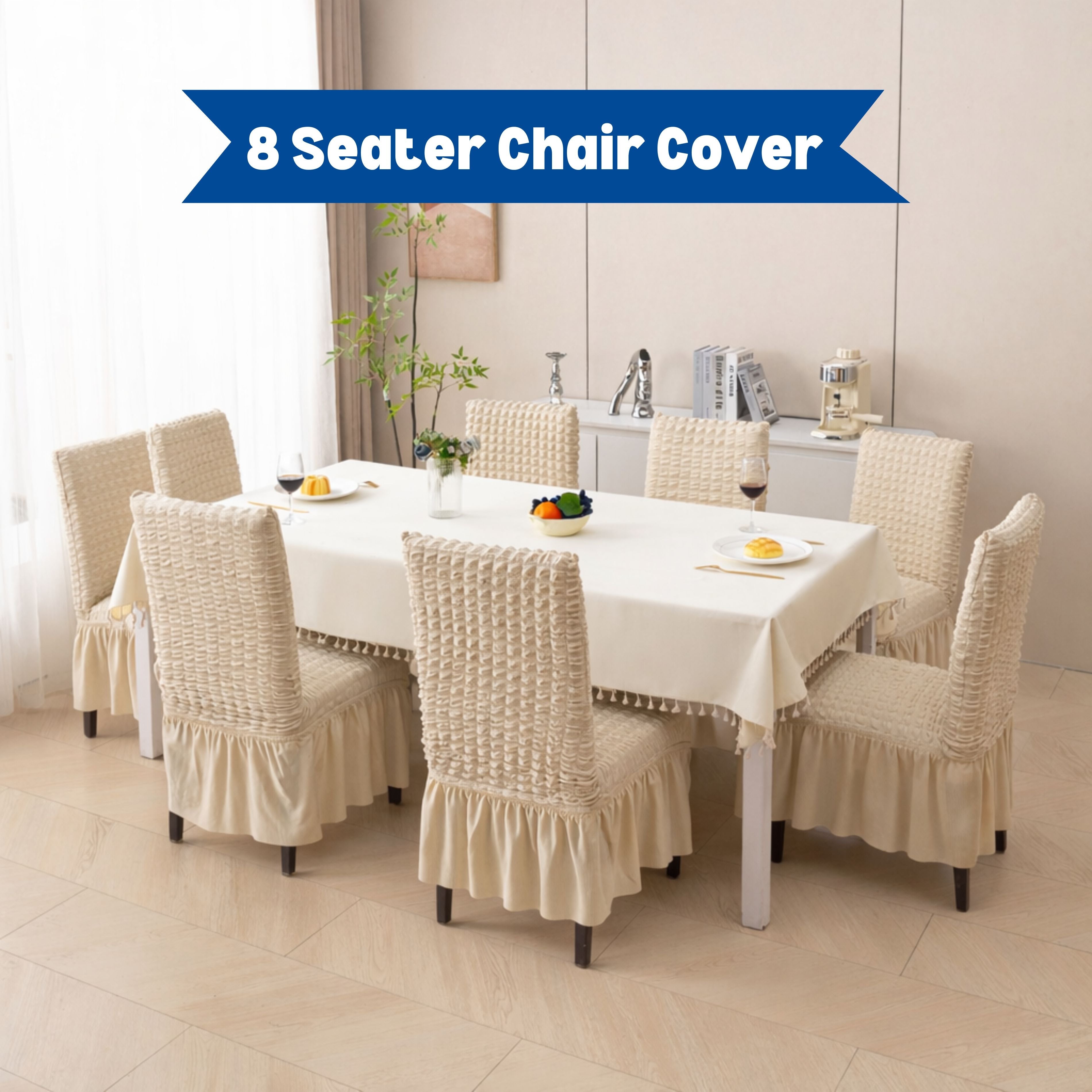 Premium 8 Seater Chair Cover Set with Frill - 280 GSM Bubble Textured Elastic Slipcovers (Beige)