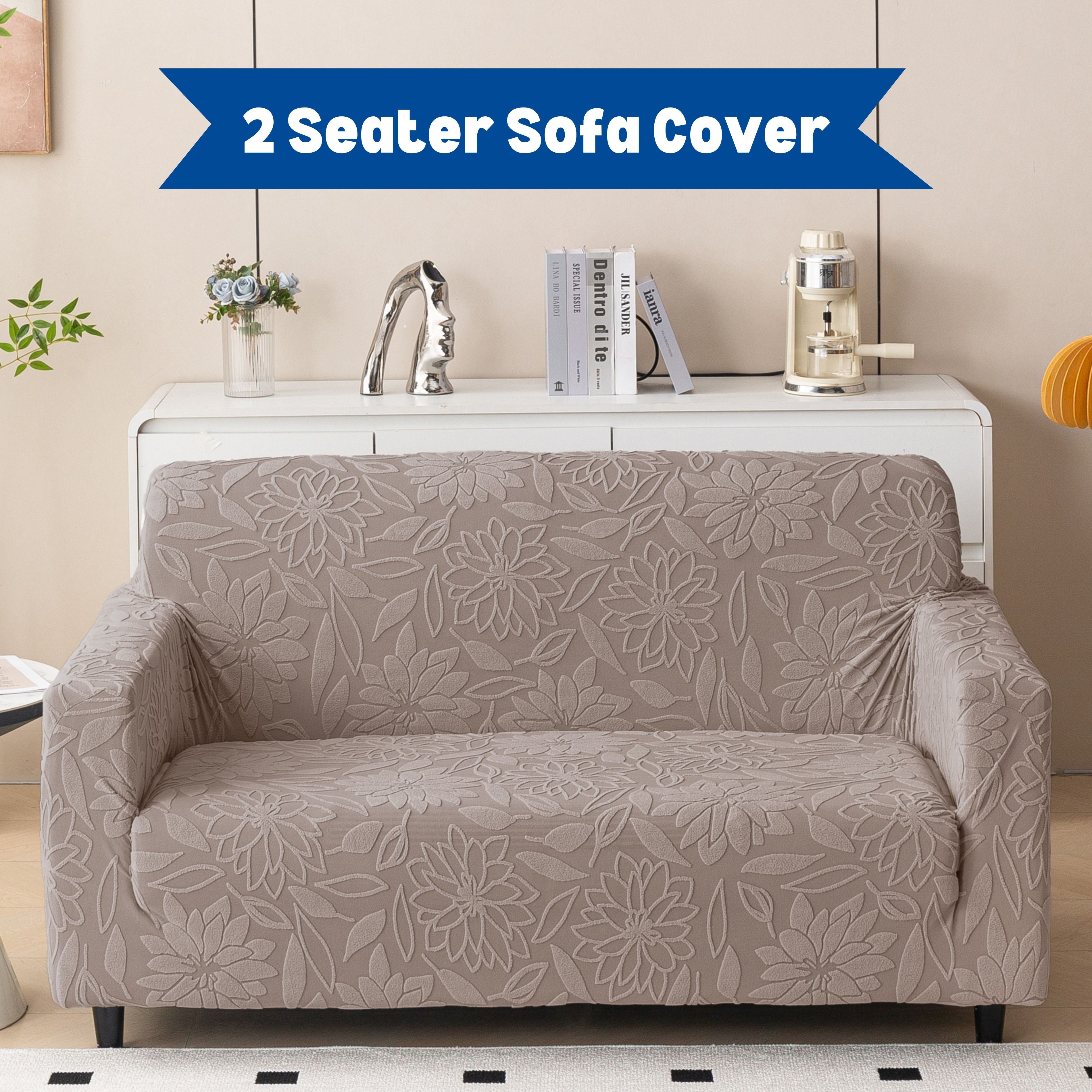 Premium 2 Seater Sofa Cover - Knitted Jacquard, Floral Textured Elastic Slipcover (Brown)