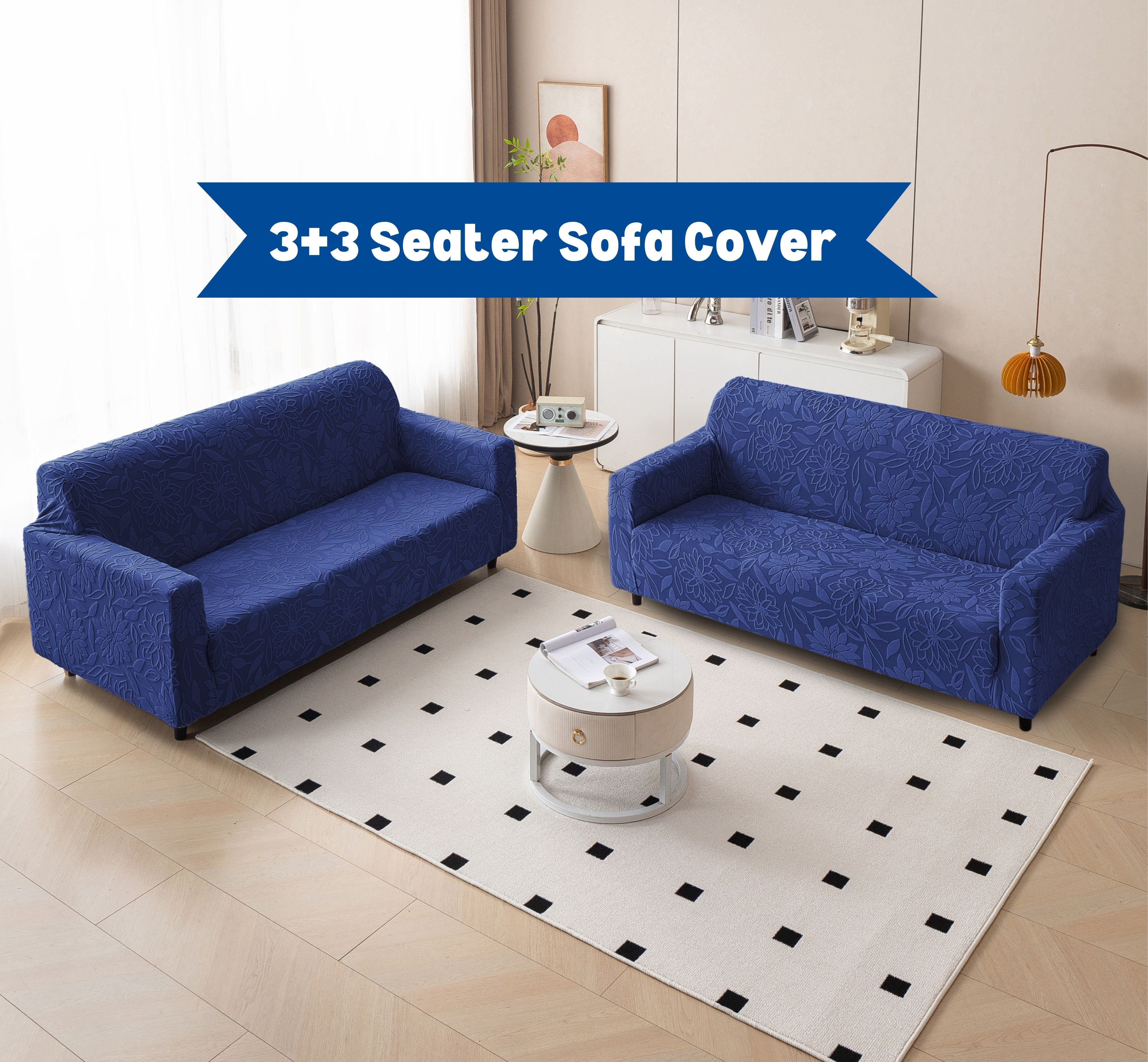 Premium 3+3 Seater Sofa Cover Set - Knitted Jacquard, Floral Textured Elastic Slipcovers (Navy Blue)