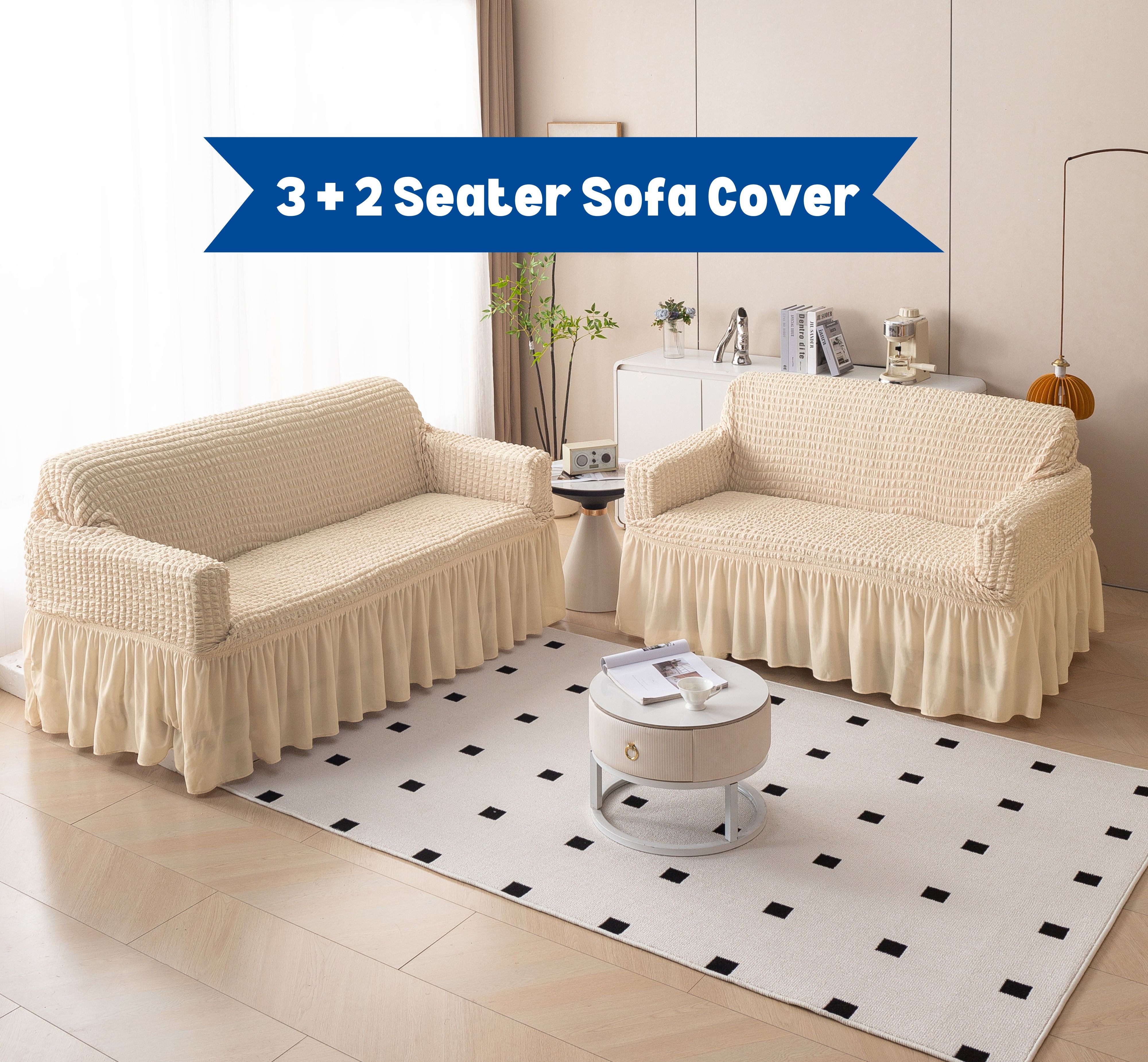 Premium Bubble Frill 3+2 Seater Sofa Cover Set - Cream Beige