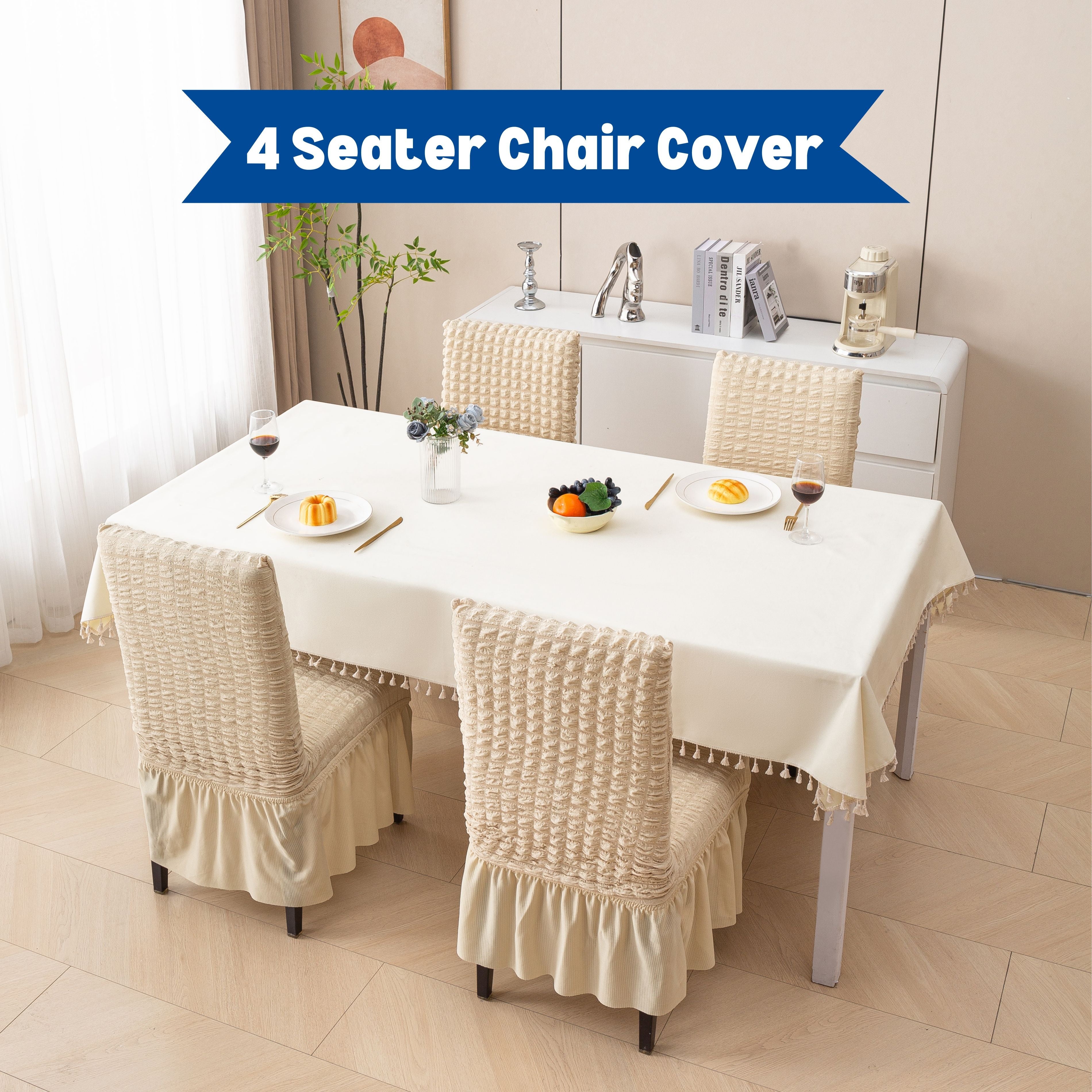 Premium 4 Seater Chair Cover Set with Frill - 280 GSM Bubble Textured Elastic Slipcovers (Beige)