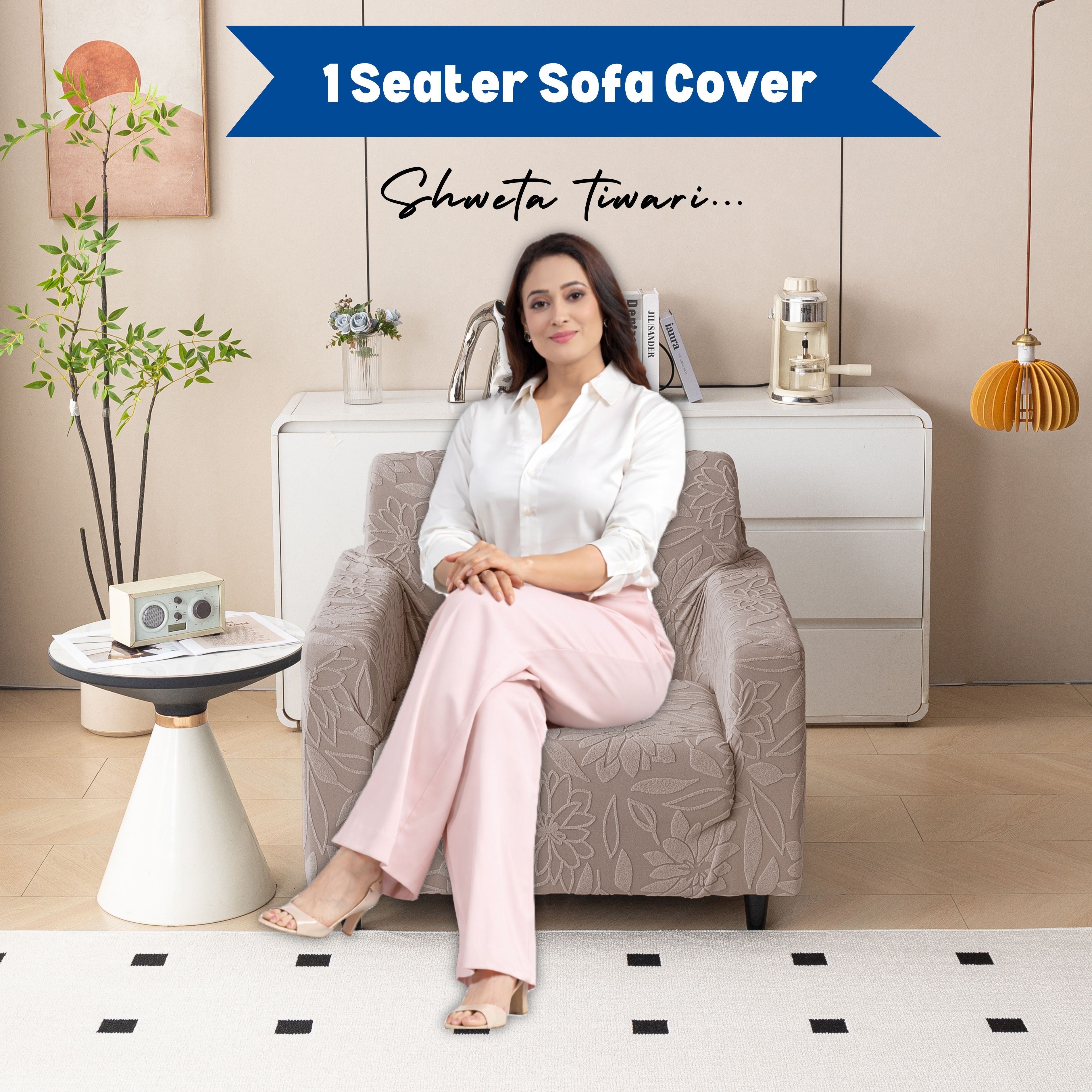 Premium 1 Seater Sofa Cover - Knitted Jacquard, Floral Textured Elastic Slipcover (Brown)