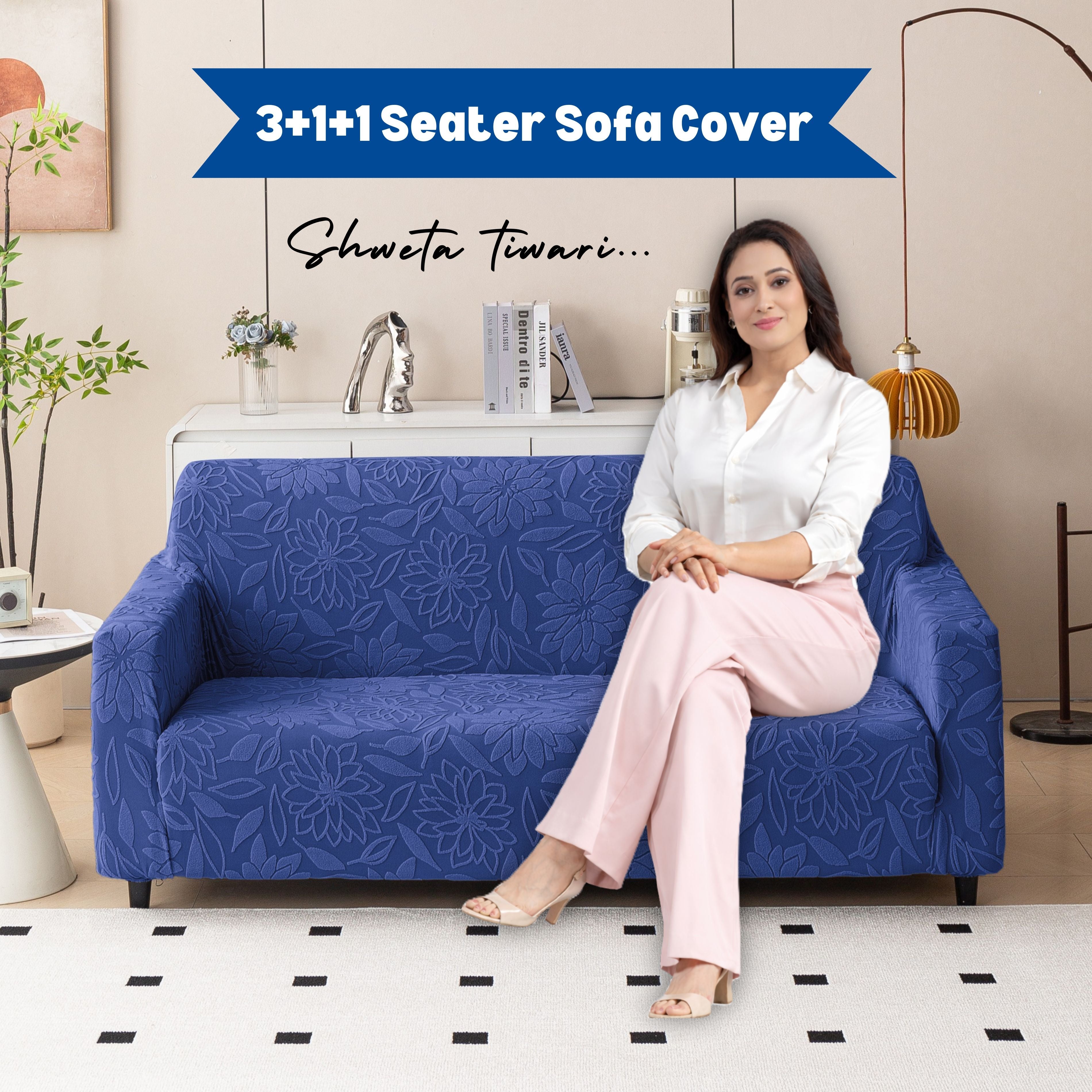Premium 3+1+1 Seater Sofa Cover Set - Knitted Jacquard, Floral Textured Elastic Slipcovers (Navy Blue)
