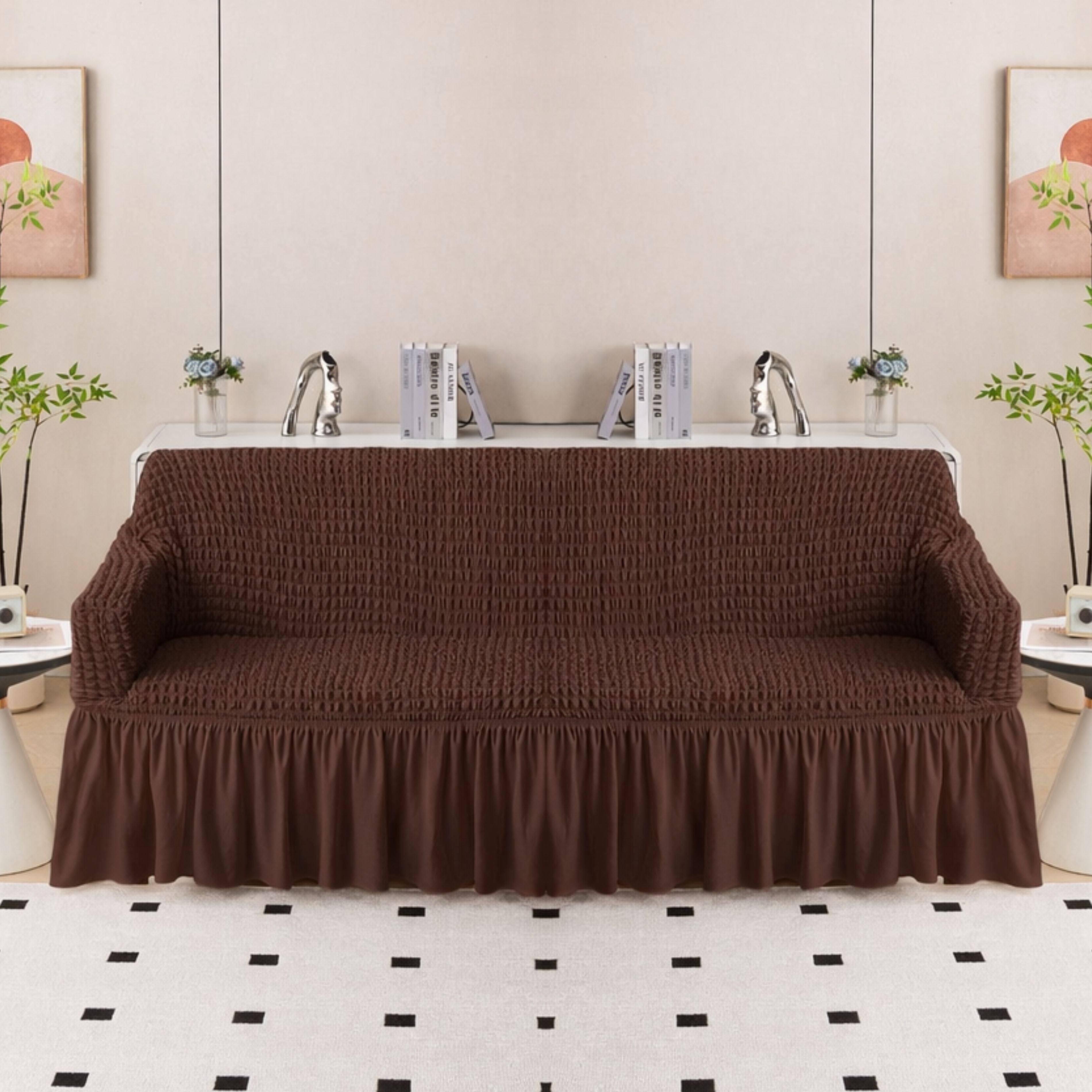 Premium Bubble Frill 4 Seater Sofa Cover - Dark Brown