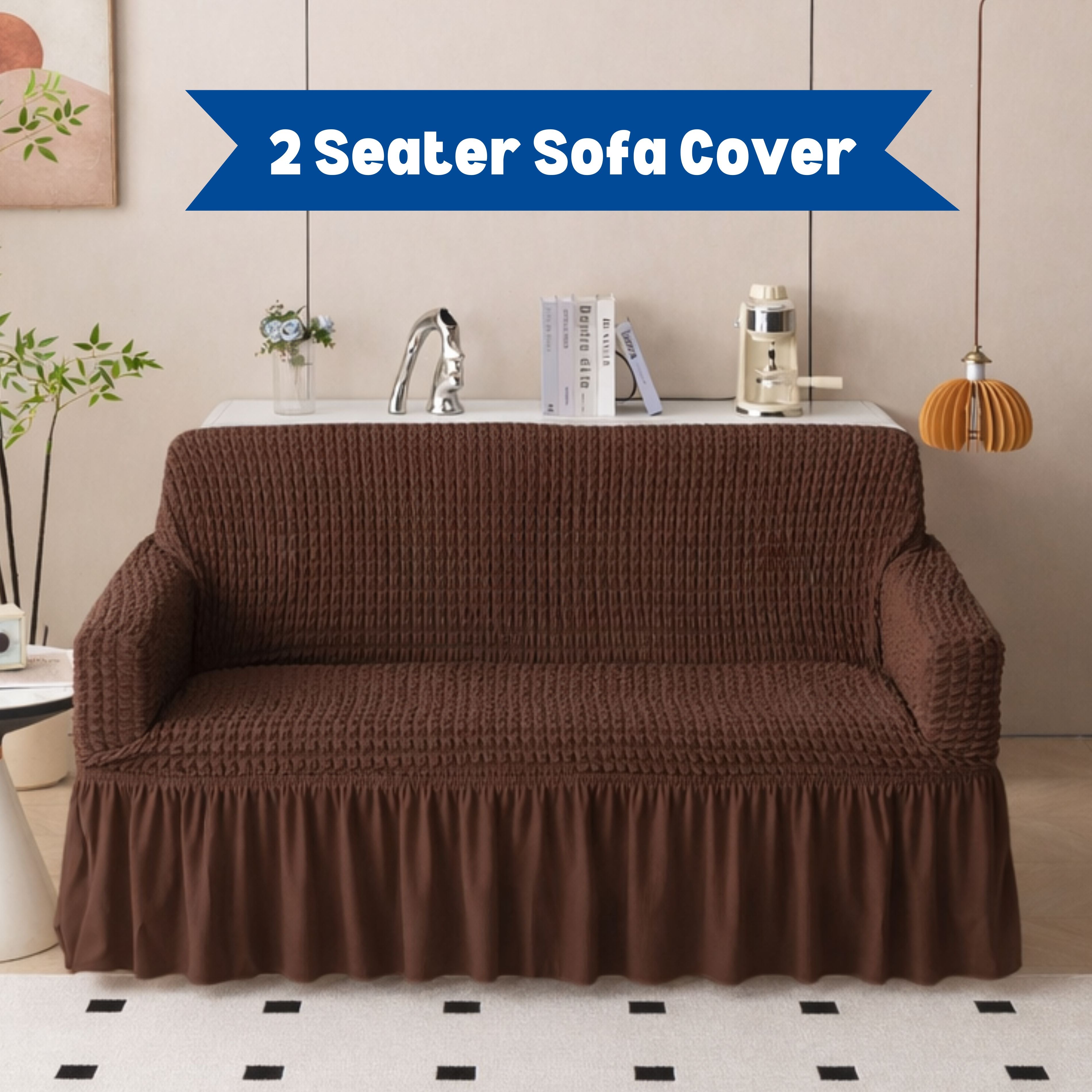 Premium Bubble Frill 2-Seater Sofa Cover - Brown