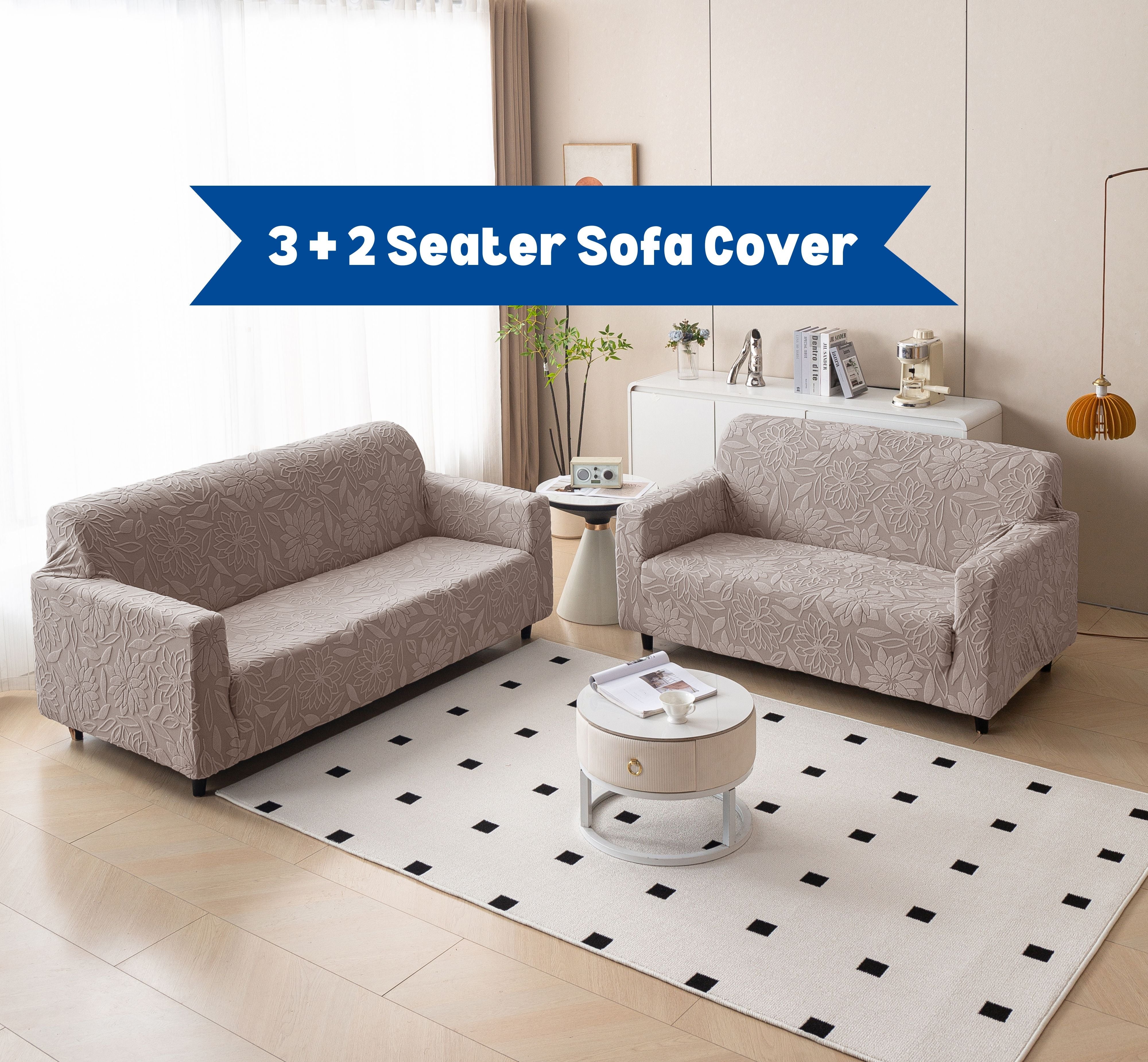 Premium 3+2 Seater Sofa Cover Set - Knitted Jacquard, Floral Textured Elastic Slipcovers (Brown)