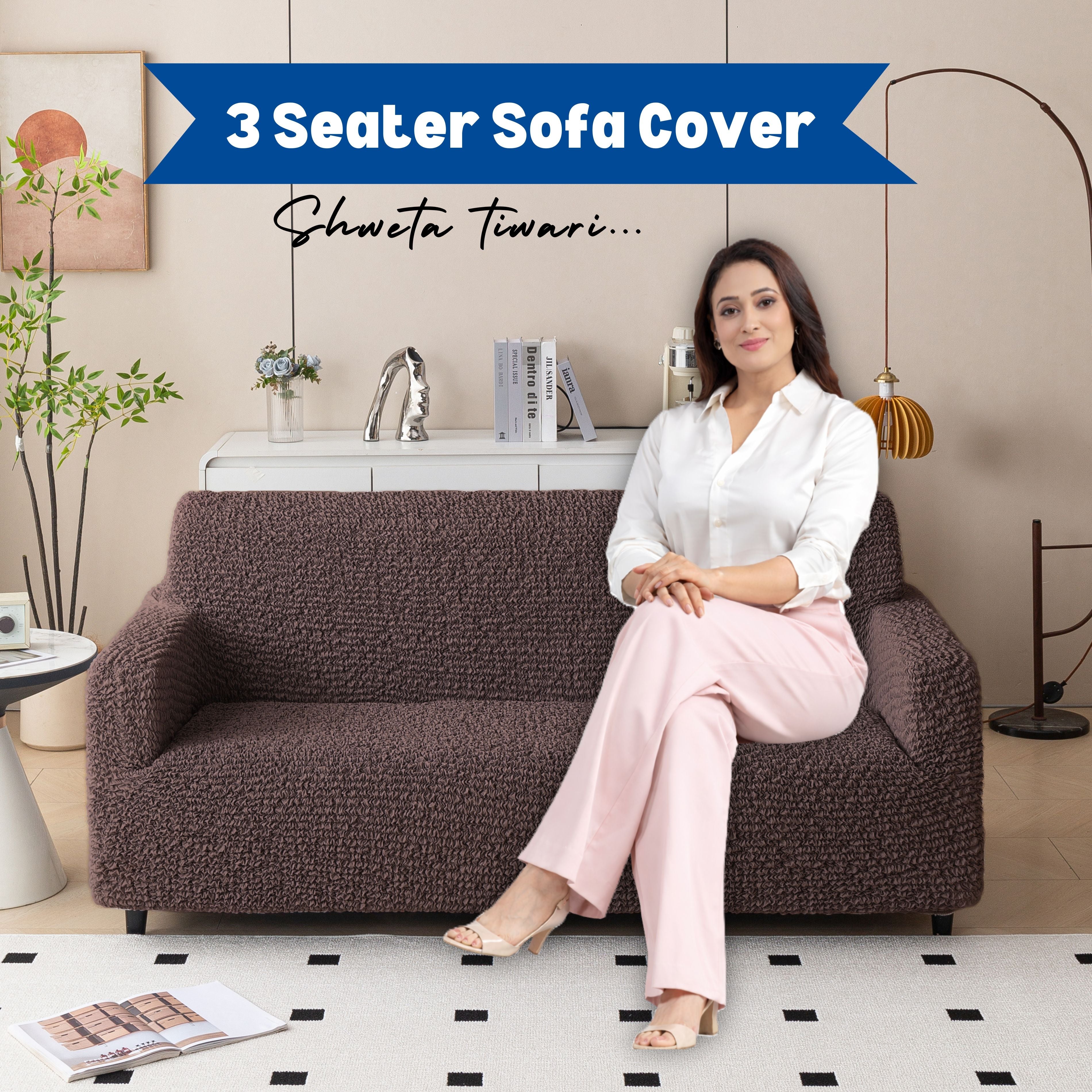 Premium 3 Seater Sofa Cover - Microfiber Stretchable Italian Textured Couch Slipcover (Brown)