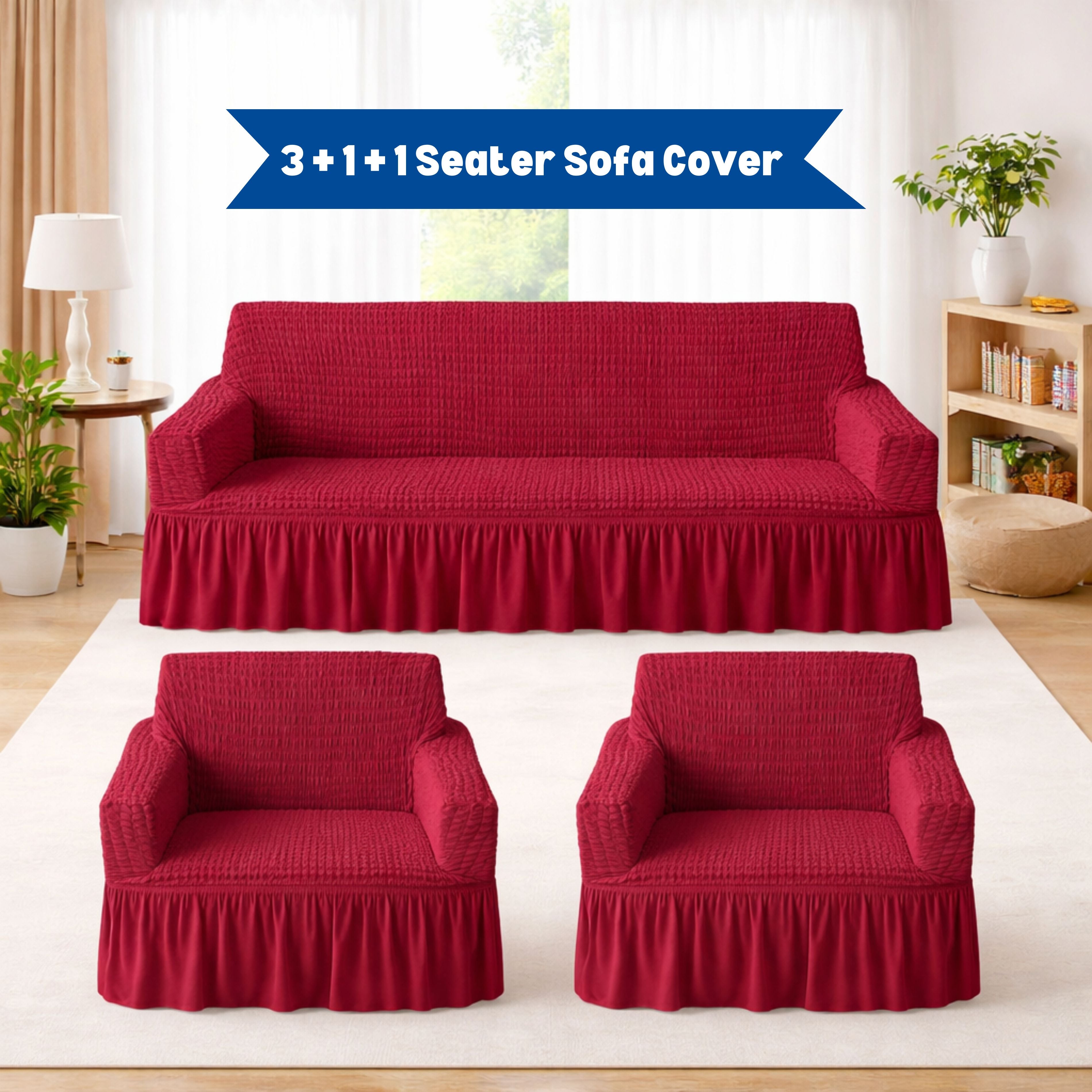 Premium Bubble Frill 3+1+1 Seater Sofa Cover Set - High Stretch Textured Fabric (Maroon)