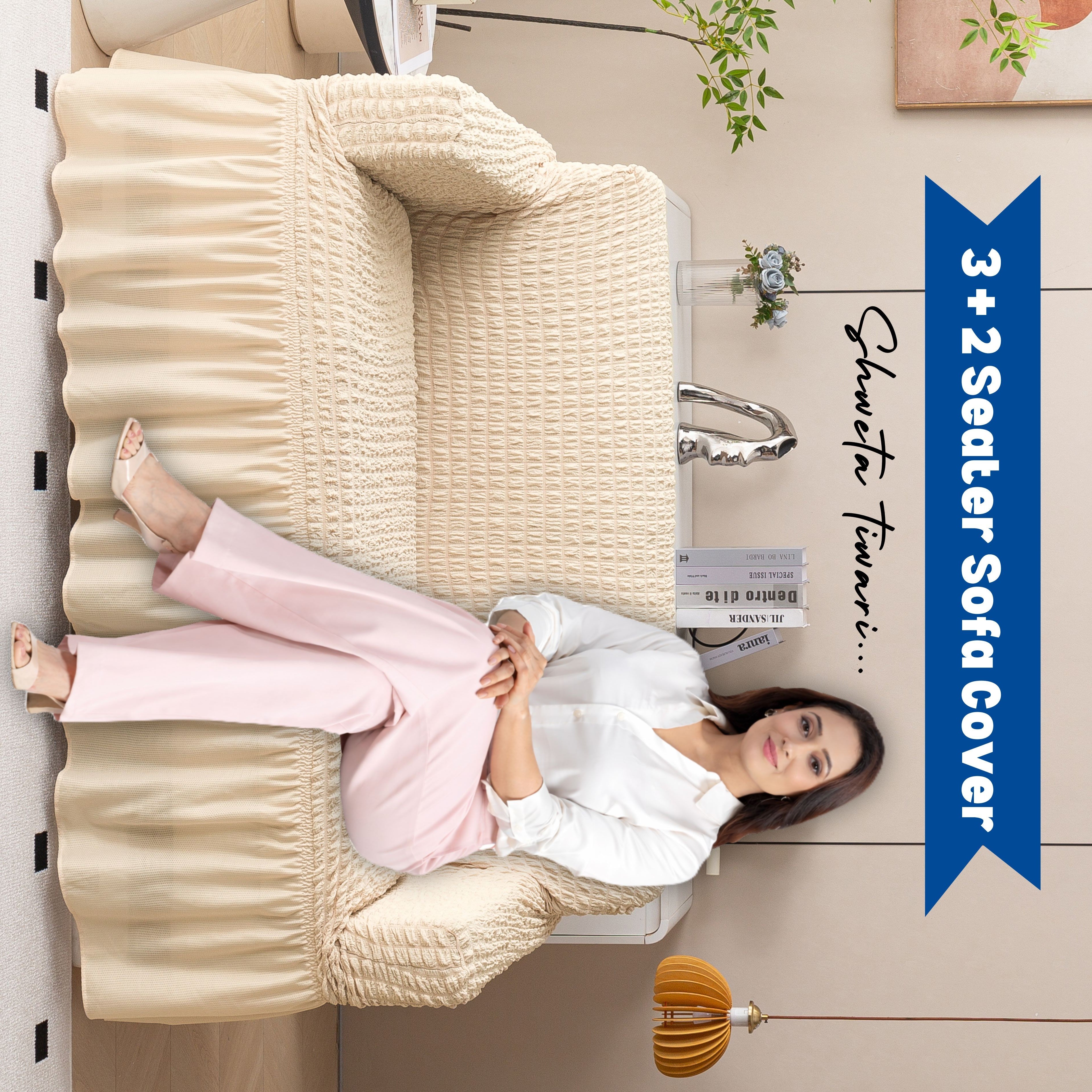 Premium Bubble Frill 3+2 Seater Sofa Cover Set - Cream Beige