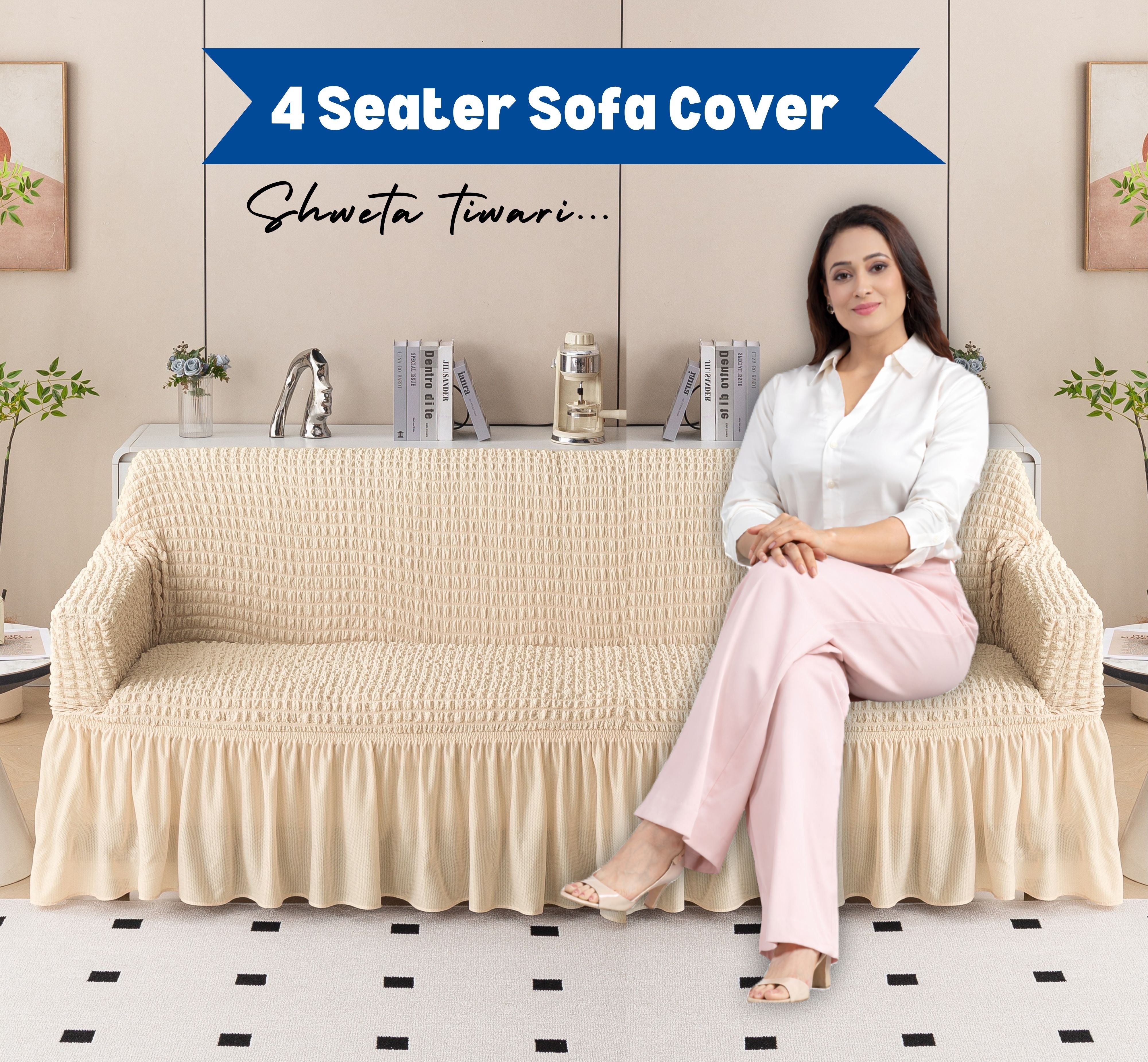 Premium Bubble Frill 4 Seater Sofa Cover - Cream Beige