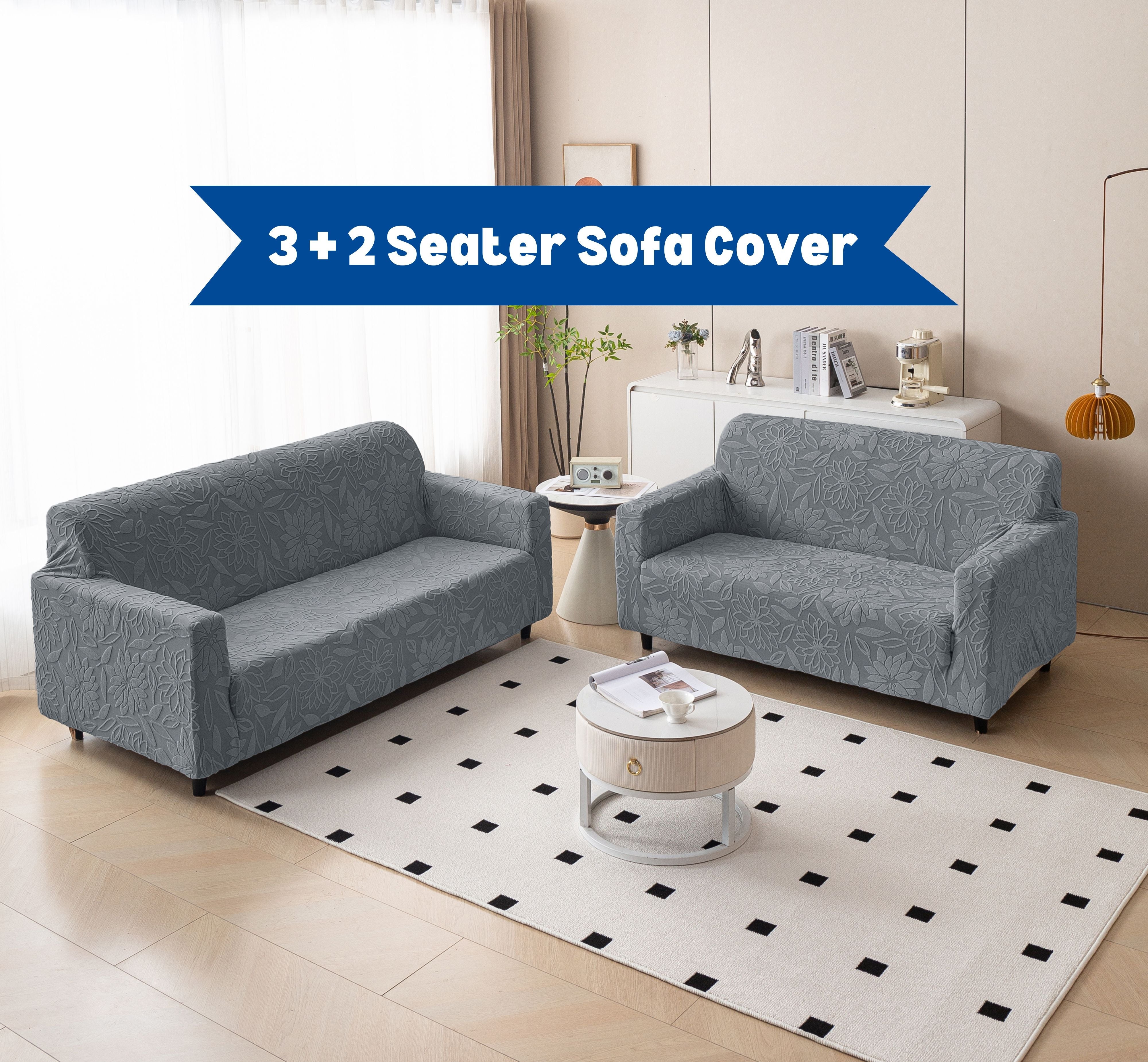 Premium 3+2 Seater Sofa Cover Set - Knitted Jacquard, Floral Textured Elastic Slipcovers (Grey)