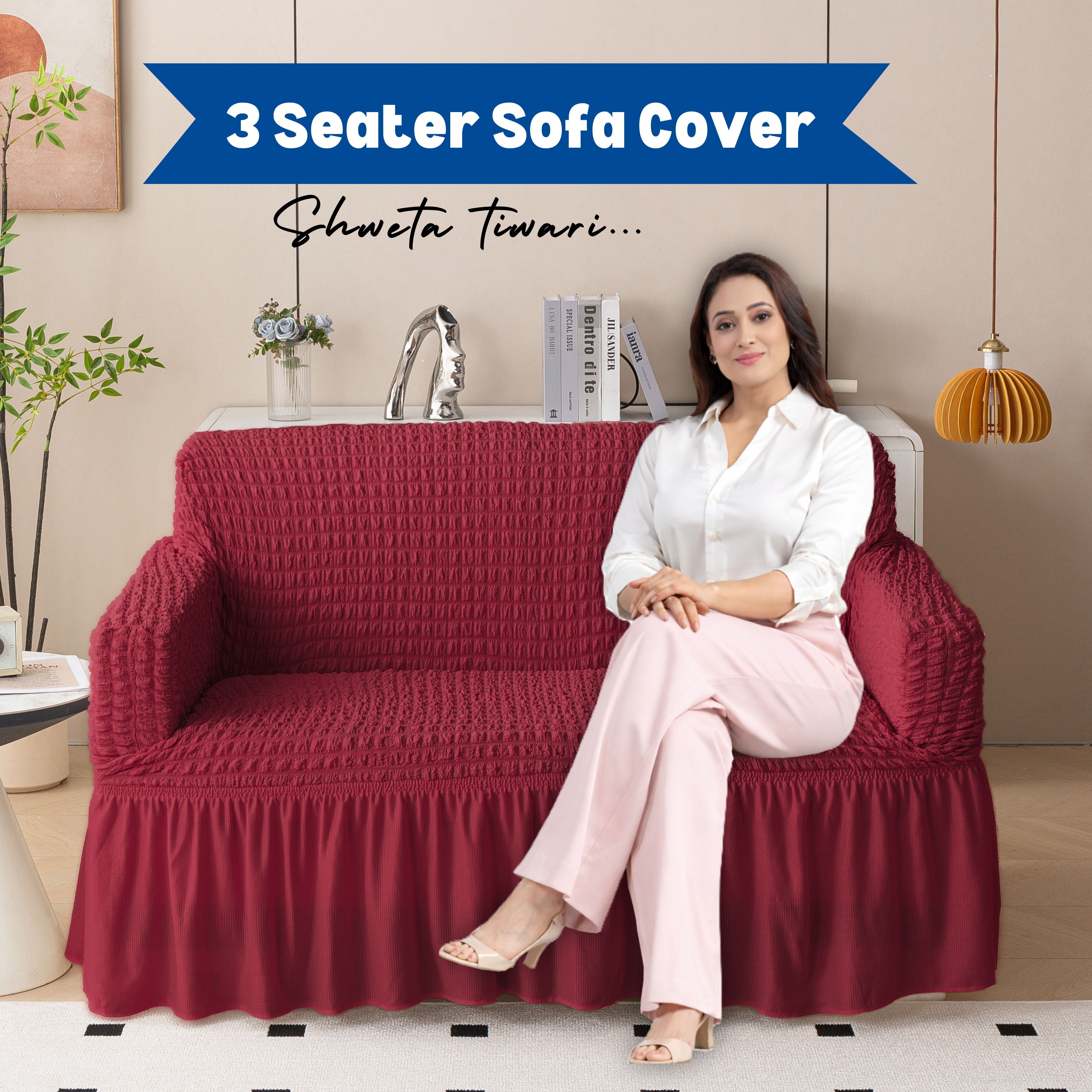 Premium Bubble Frill 3-Seater Sofa Cover - Maroon