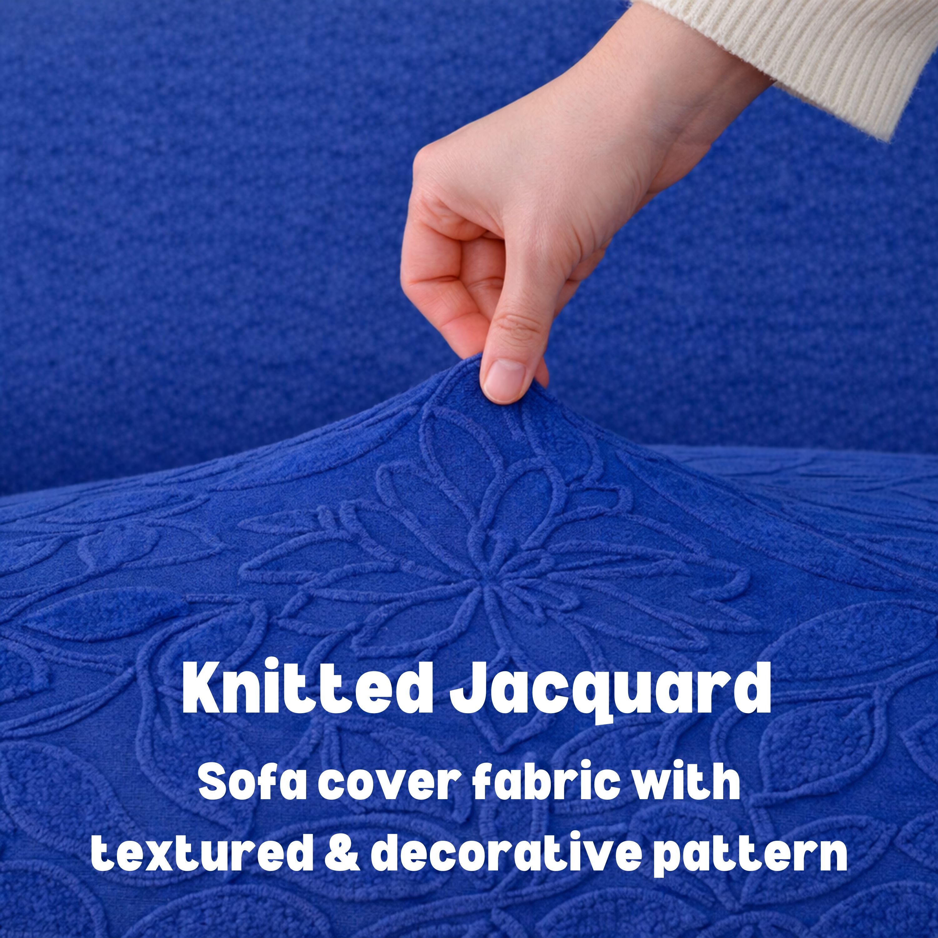Premium 3 Seater Sofa Cover - Knitted Jacquard, Floral Textured Elastic Slipcover (Navy Blue)