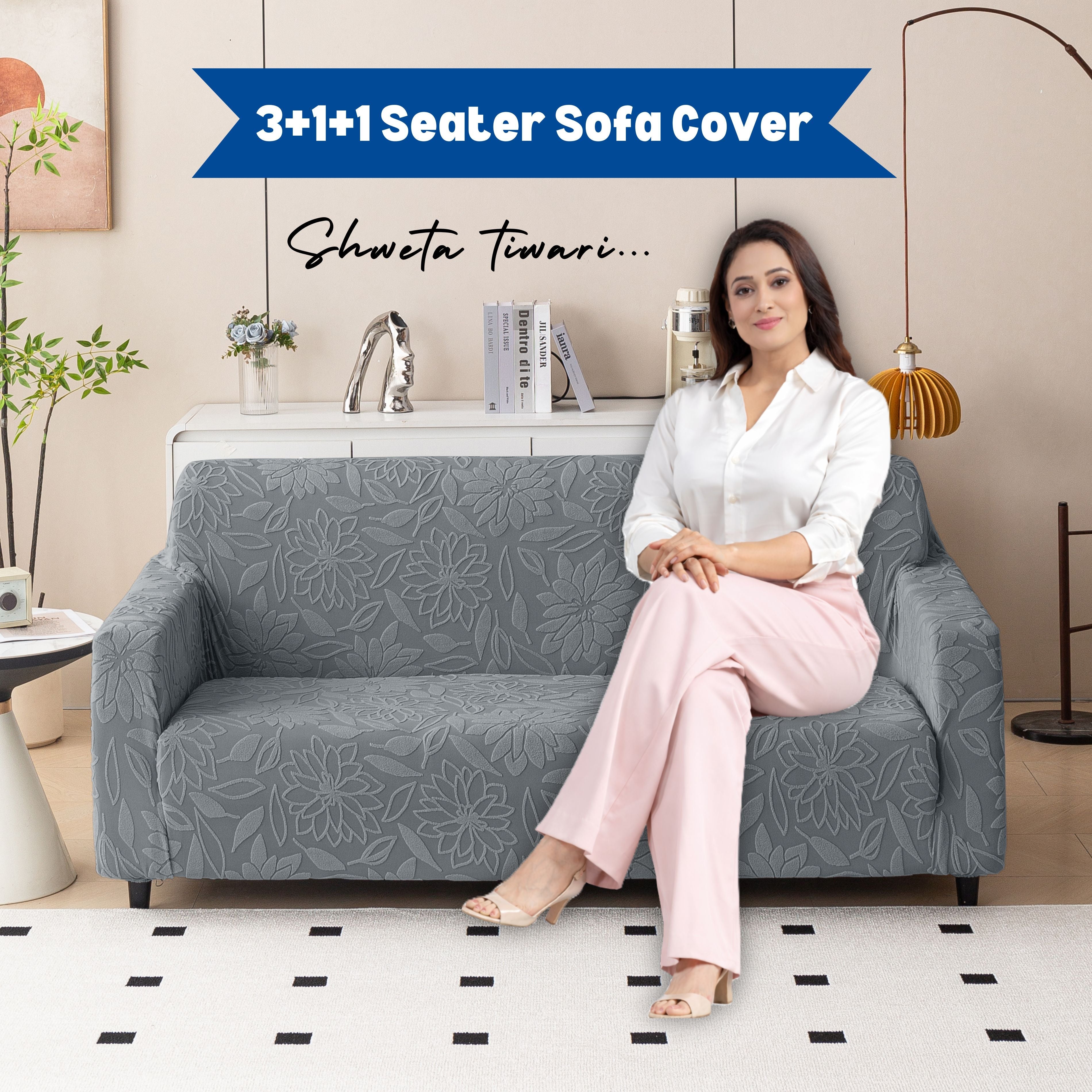 Premium 3+1+1 Seater Sofa Cover Set - Knitted Jacquard, Floral Textured Elastic Slipcovers (Grey)