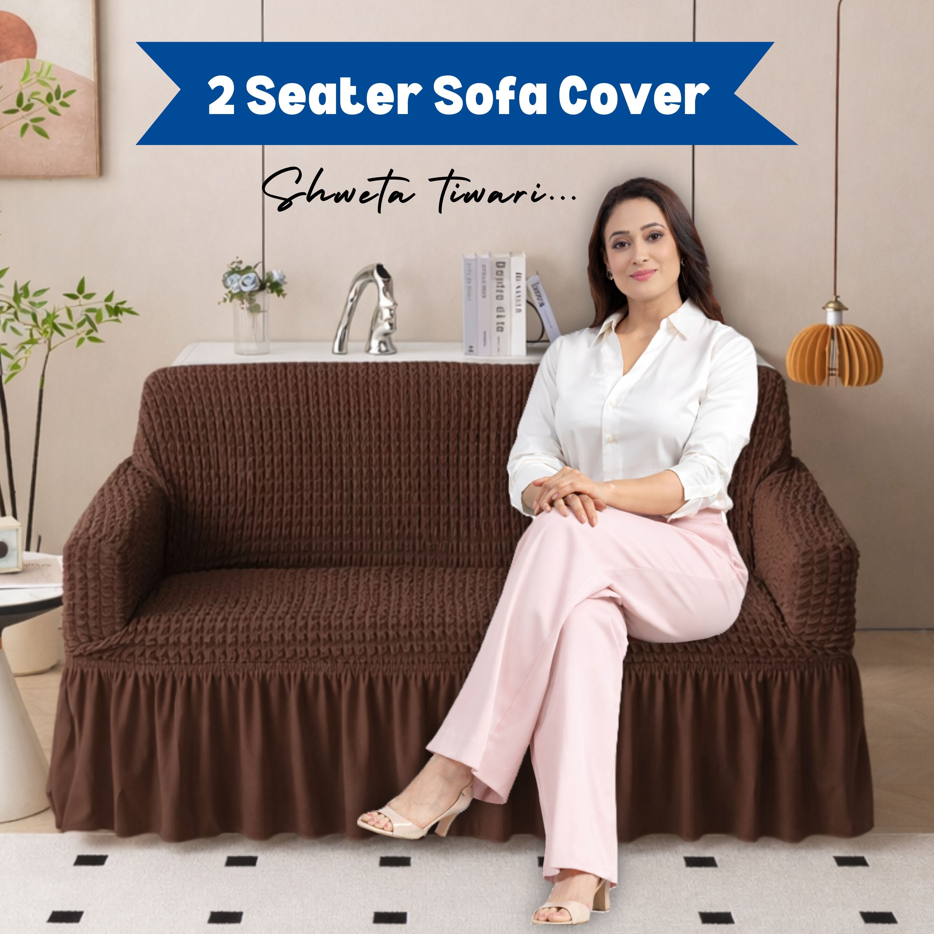 Premium Bubble Frill 2-Seater Sofa Cover - Brown