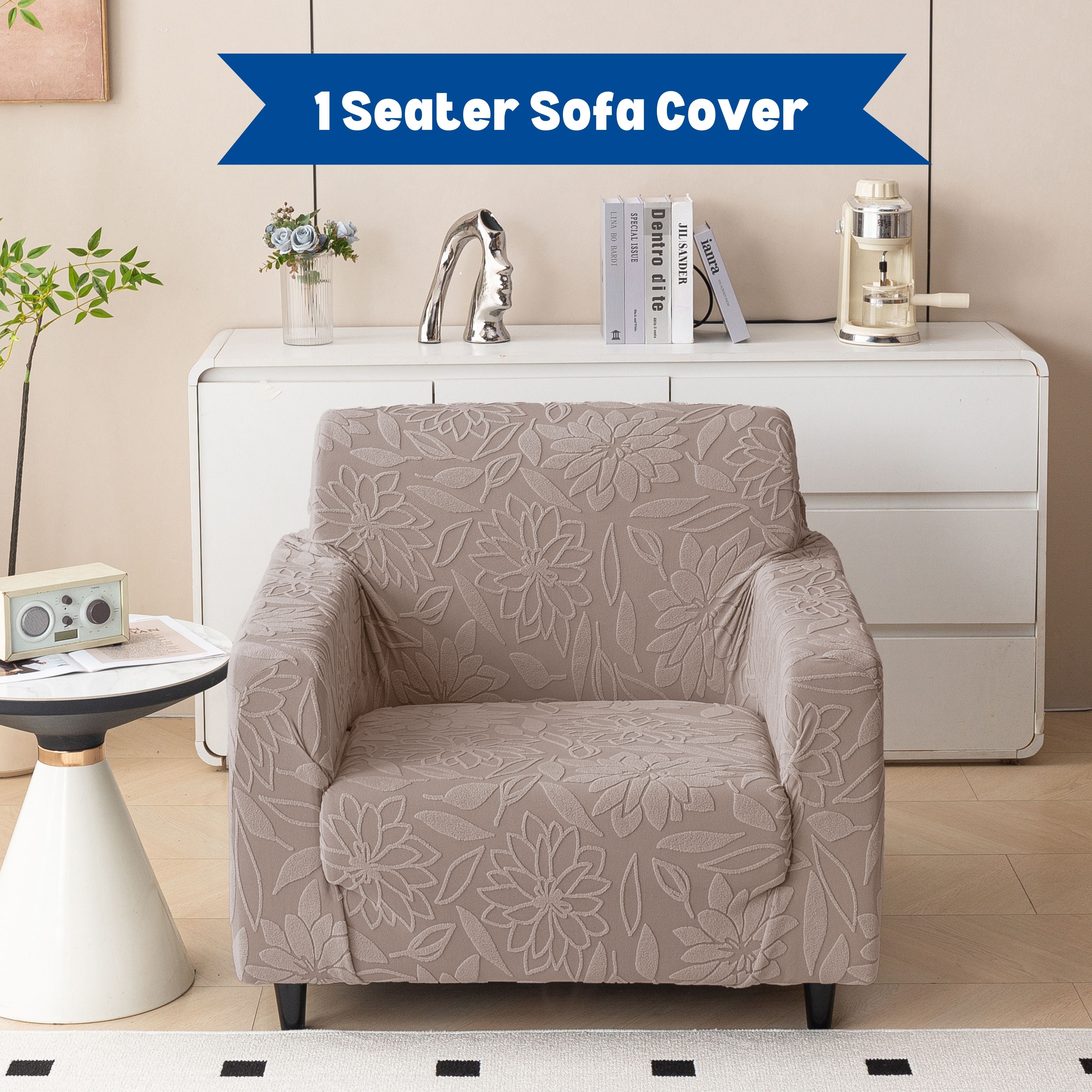 Premium 1 Seater Sofa Cover - Knitted Jacquard, Floral Textured Elastic Slipcover (Brown)