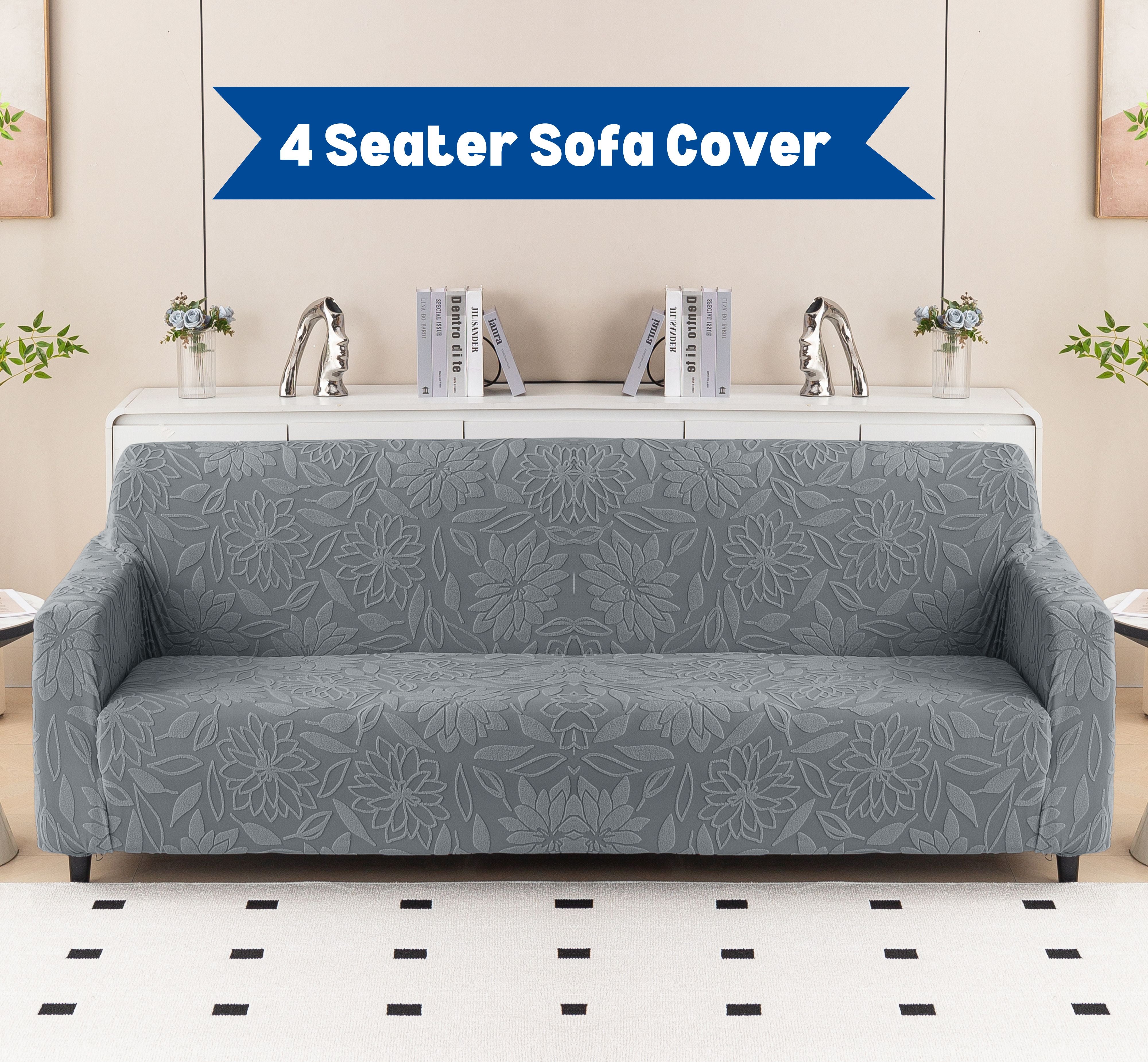 Premium 4 Seater Sofa Cover - Knitted Jacquard, Floral Textured Elastic Slipcover (Grey)