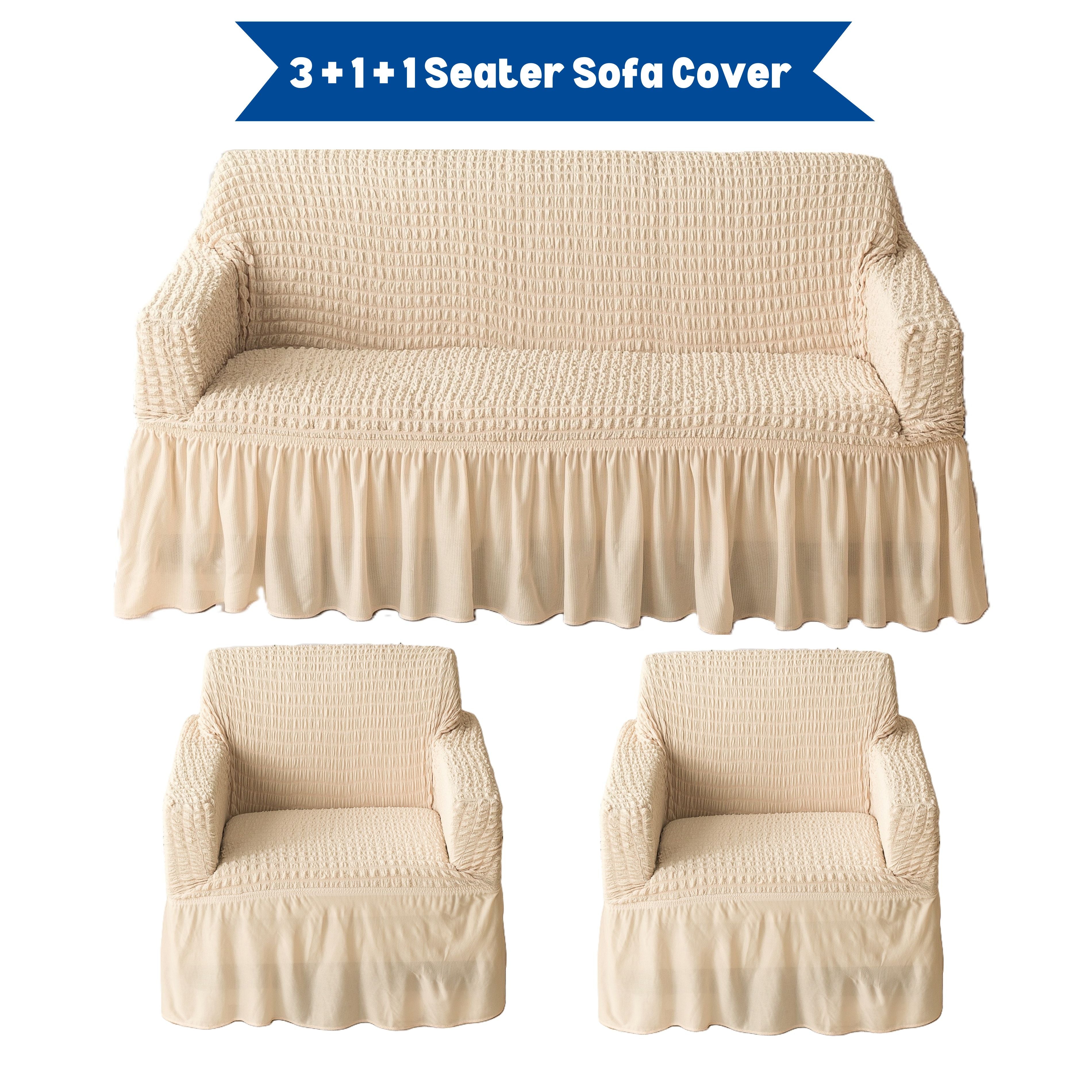 Premium Bubble Frill 3+1+1 Seater Sofa Cover Set - High Stretch Textured Fabric (Beige)