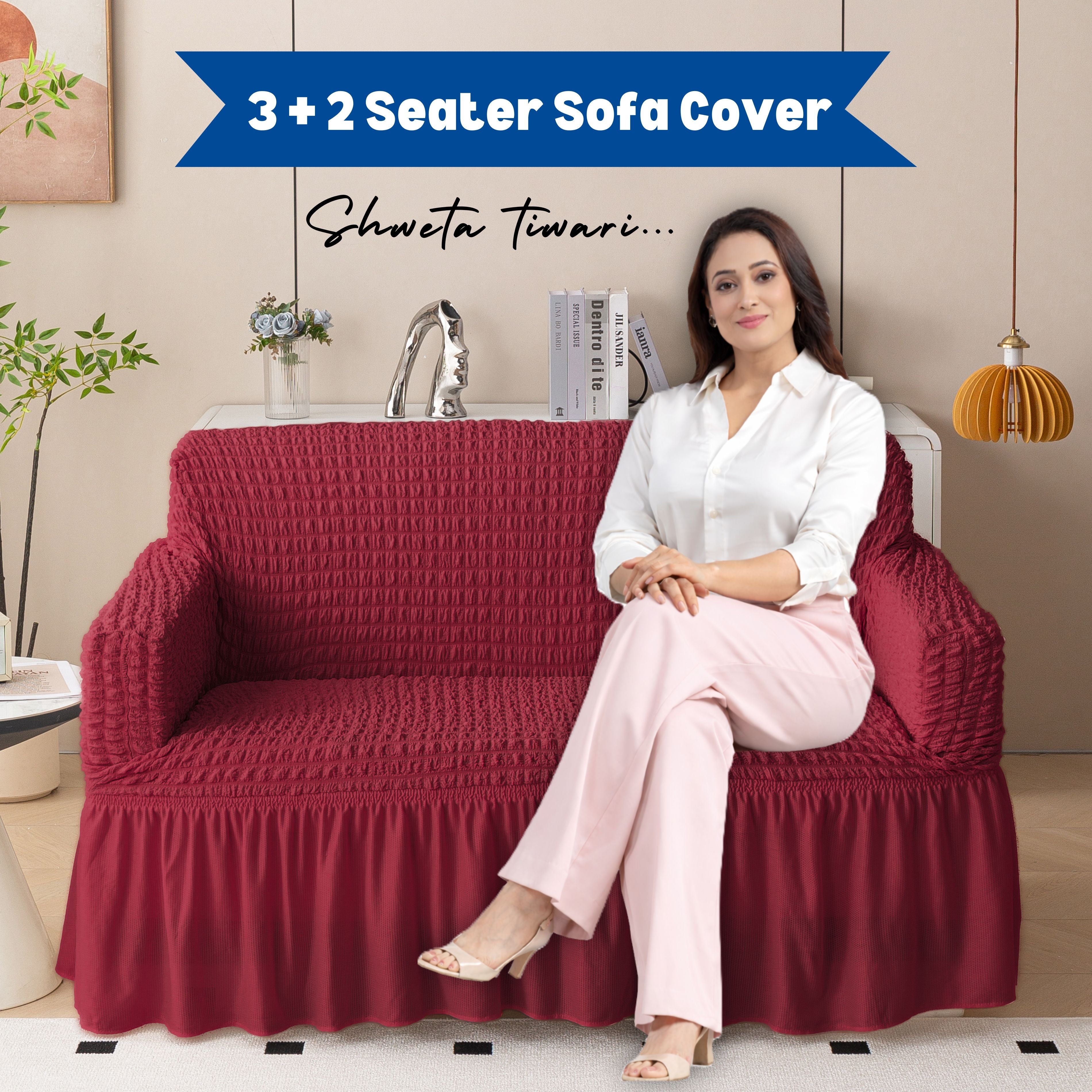 Premium Bubble Frill 3+2 Seater Sofa Cover Set - Maroon