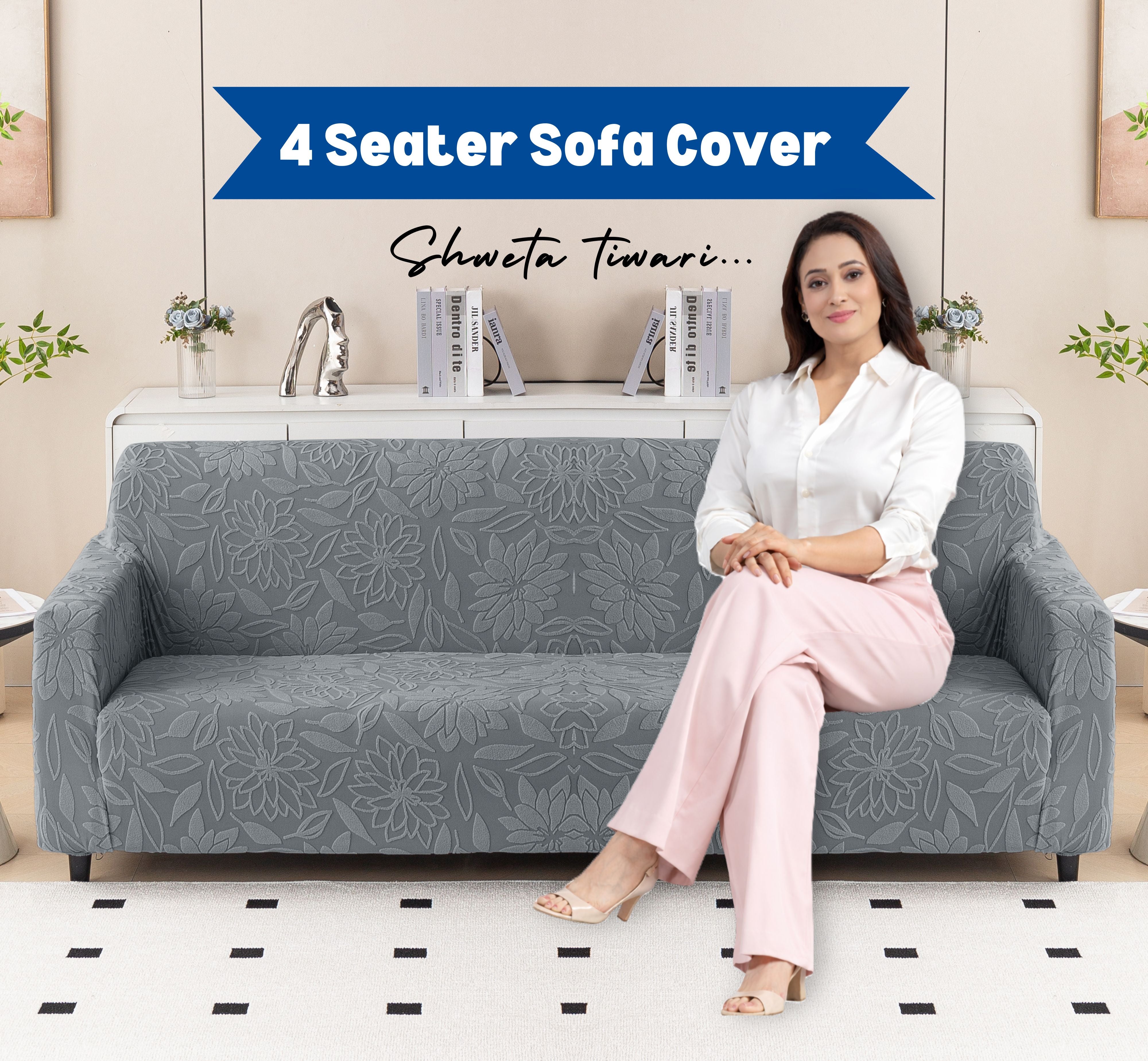Premium 4 Seater Sofa Cover - Knitted Jacquard, Floral Textured Elastic Slipcover (Grey)