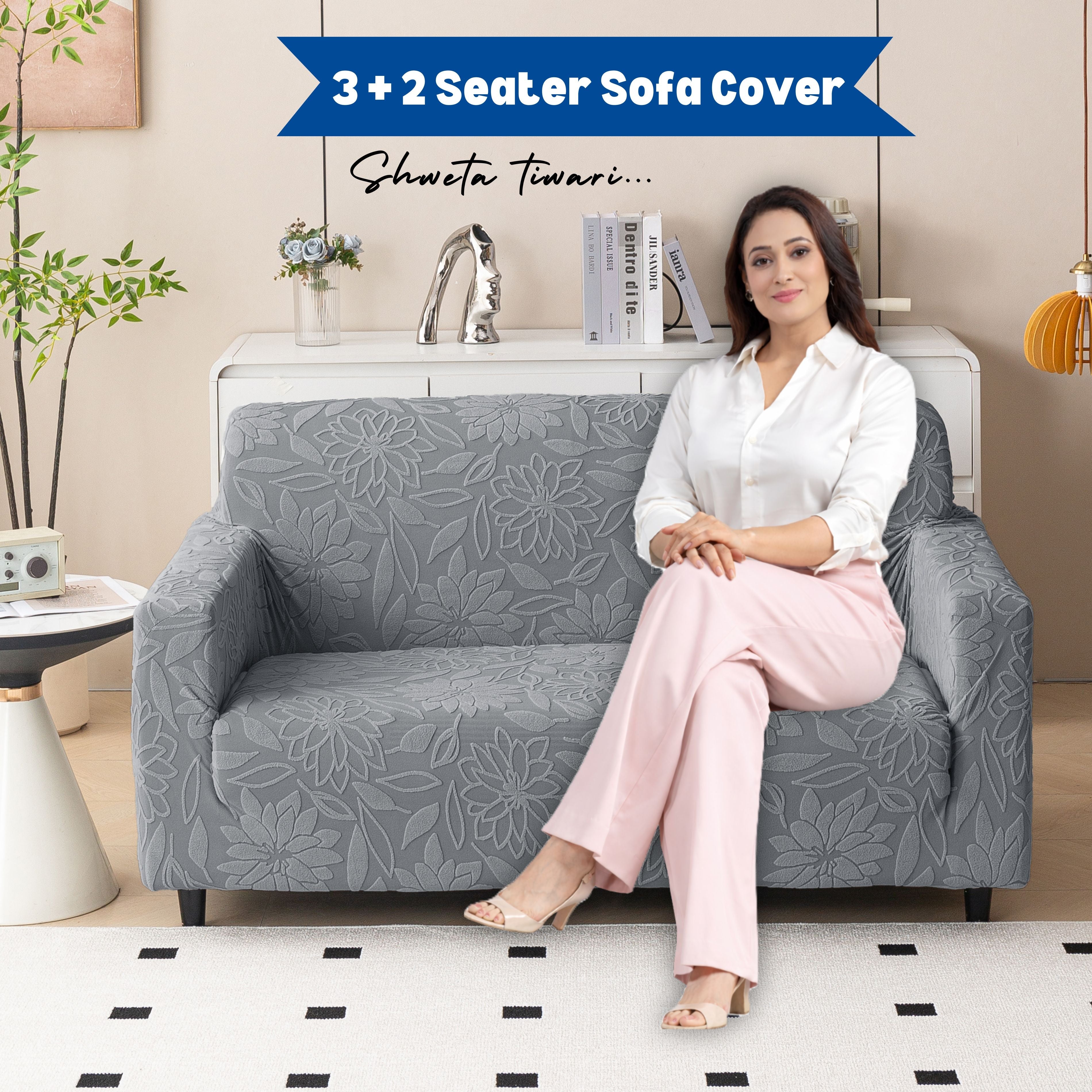 Premium 3+2 Seater Sofa Cover Set - Knitted Jacquard, Floral Textured Elastic Slipcovers (Grey)