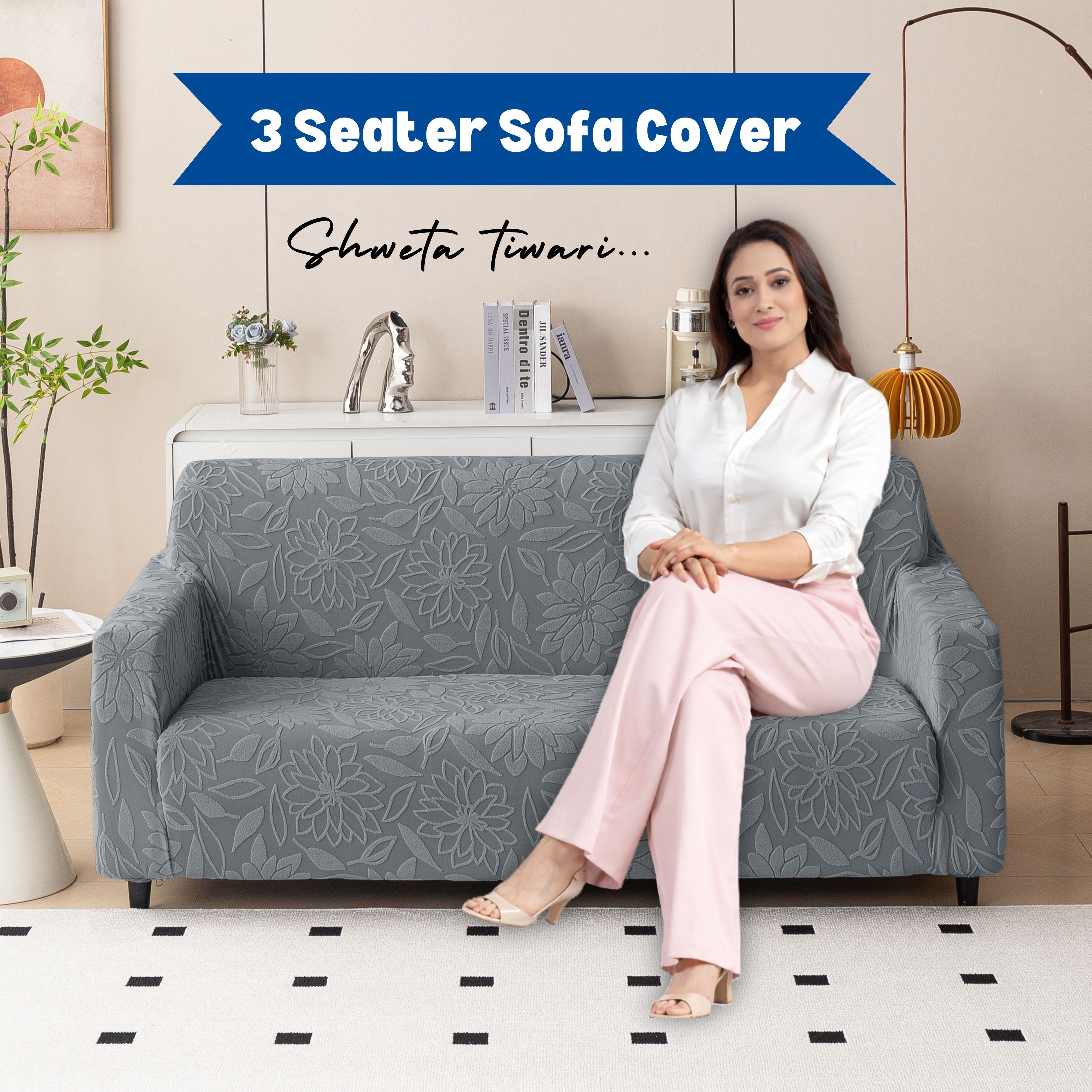 Premium 3 Seater Sofa Cover - Knitted Jacquard, Floral Textured Elastic Slipcover (Grey)