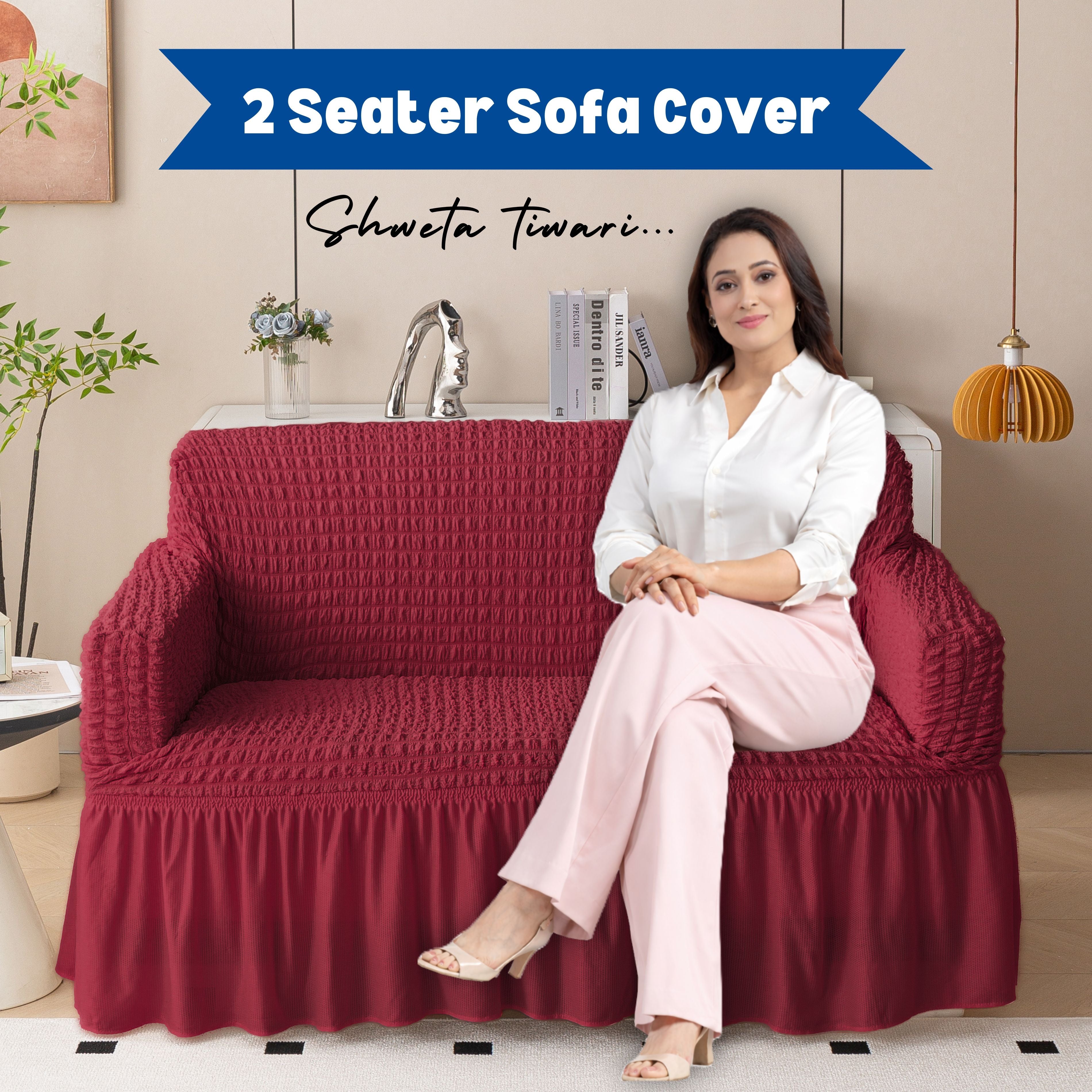 Premium Bubble Frill 2-Seater Sofa Cover - Maroon