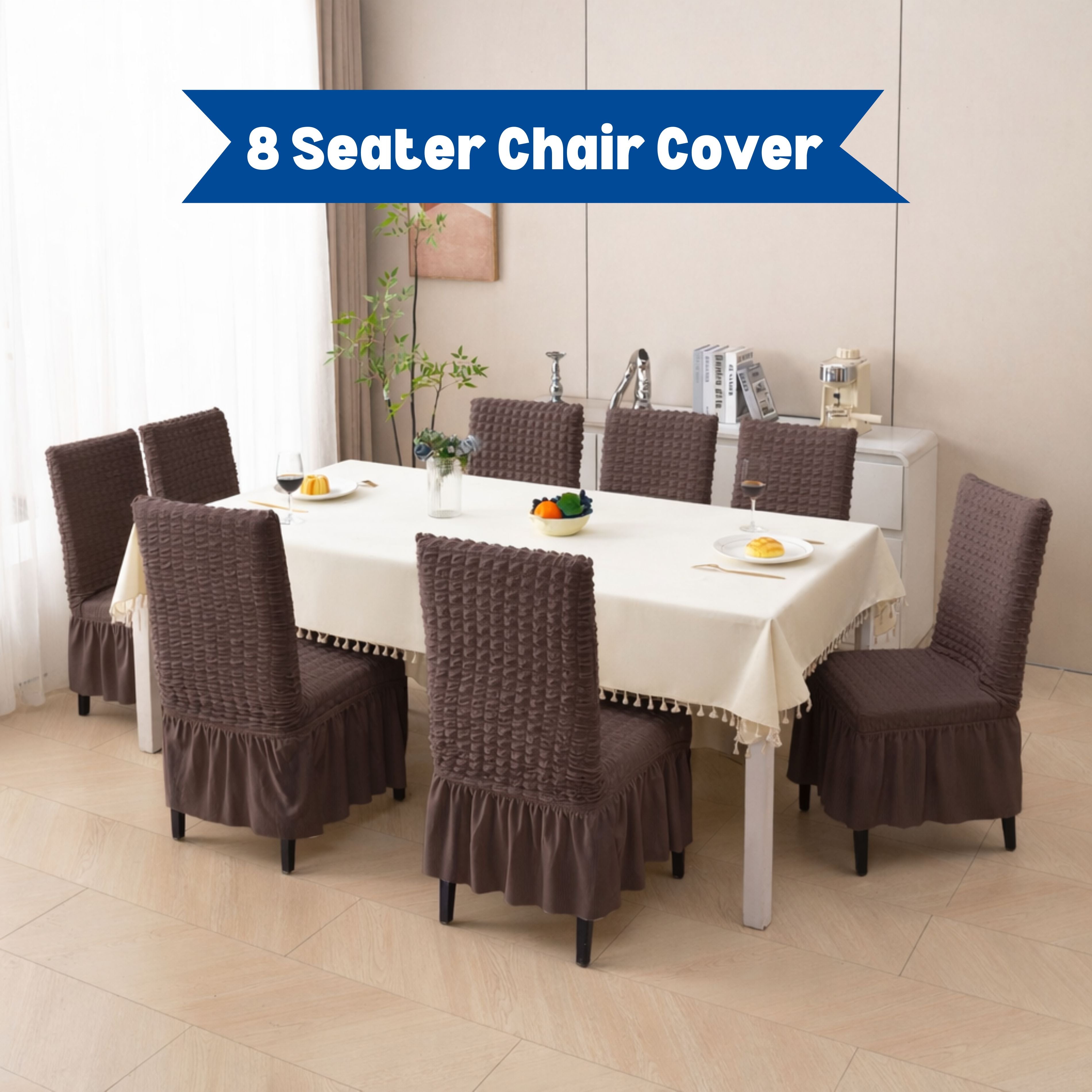 Premium 8 Seater Chair Cover Set with Frill - 280 GSM Bubble Textured Elastic Slipcovers (Brown)